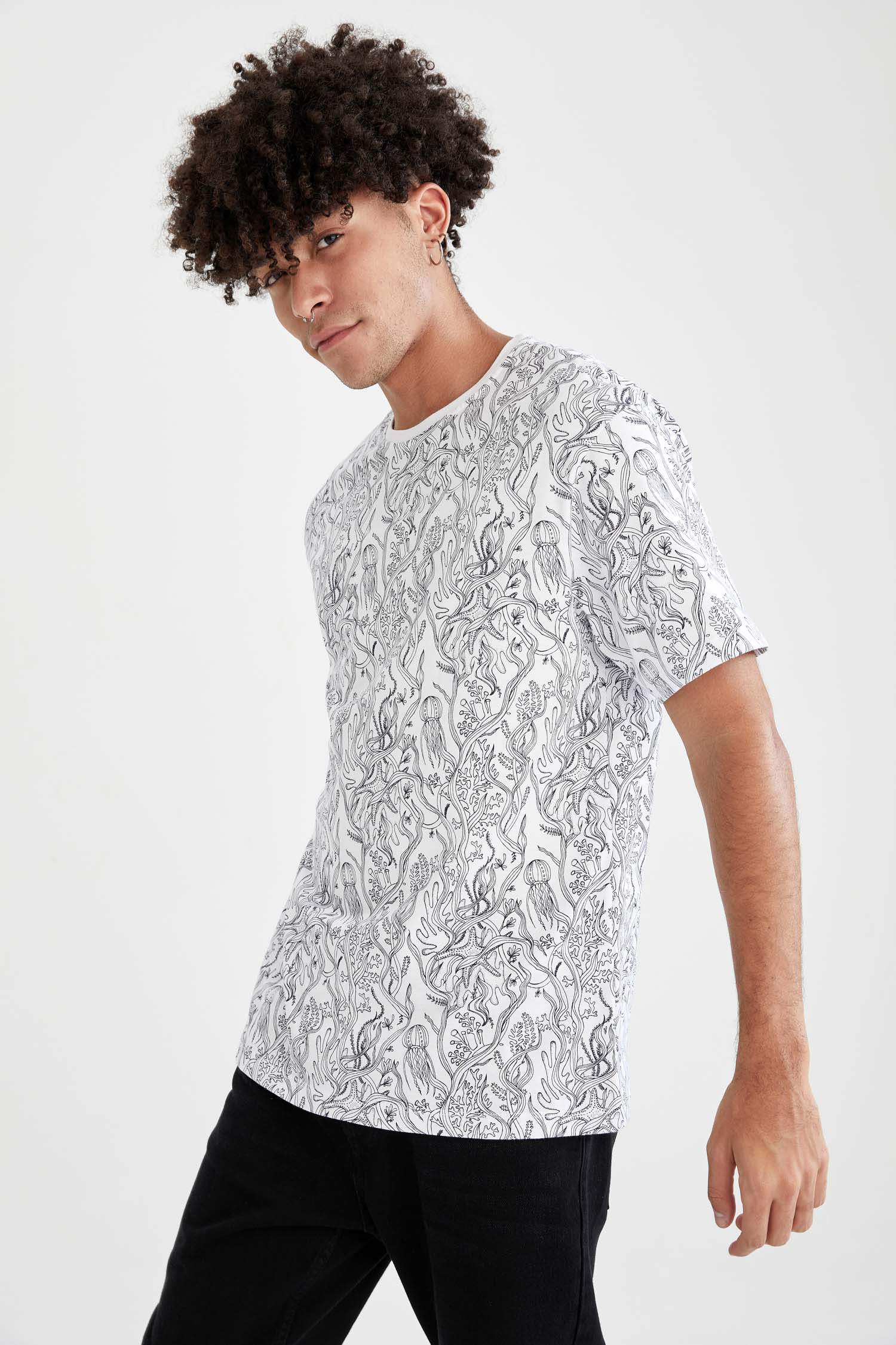 Oversize Fit Bisiklet Yaka Baskılı Tişört