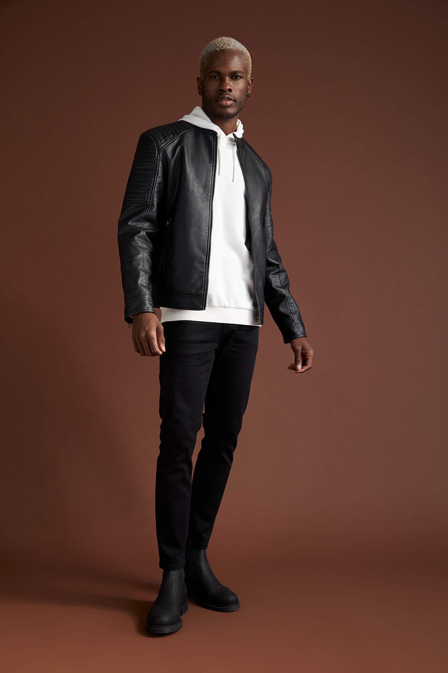 Slim Fit Dik Yaka Suni Deri Biker Ceket