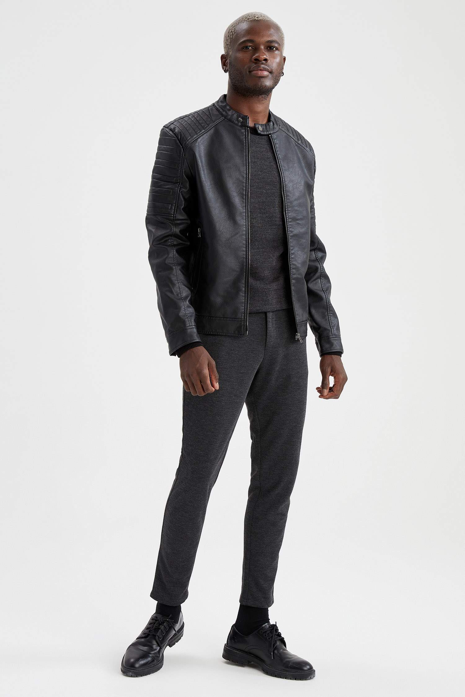 Slim Fit Dik Yaka Suni Deri Biker Ceket