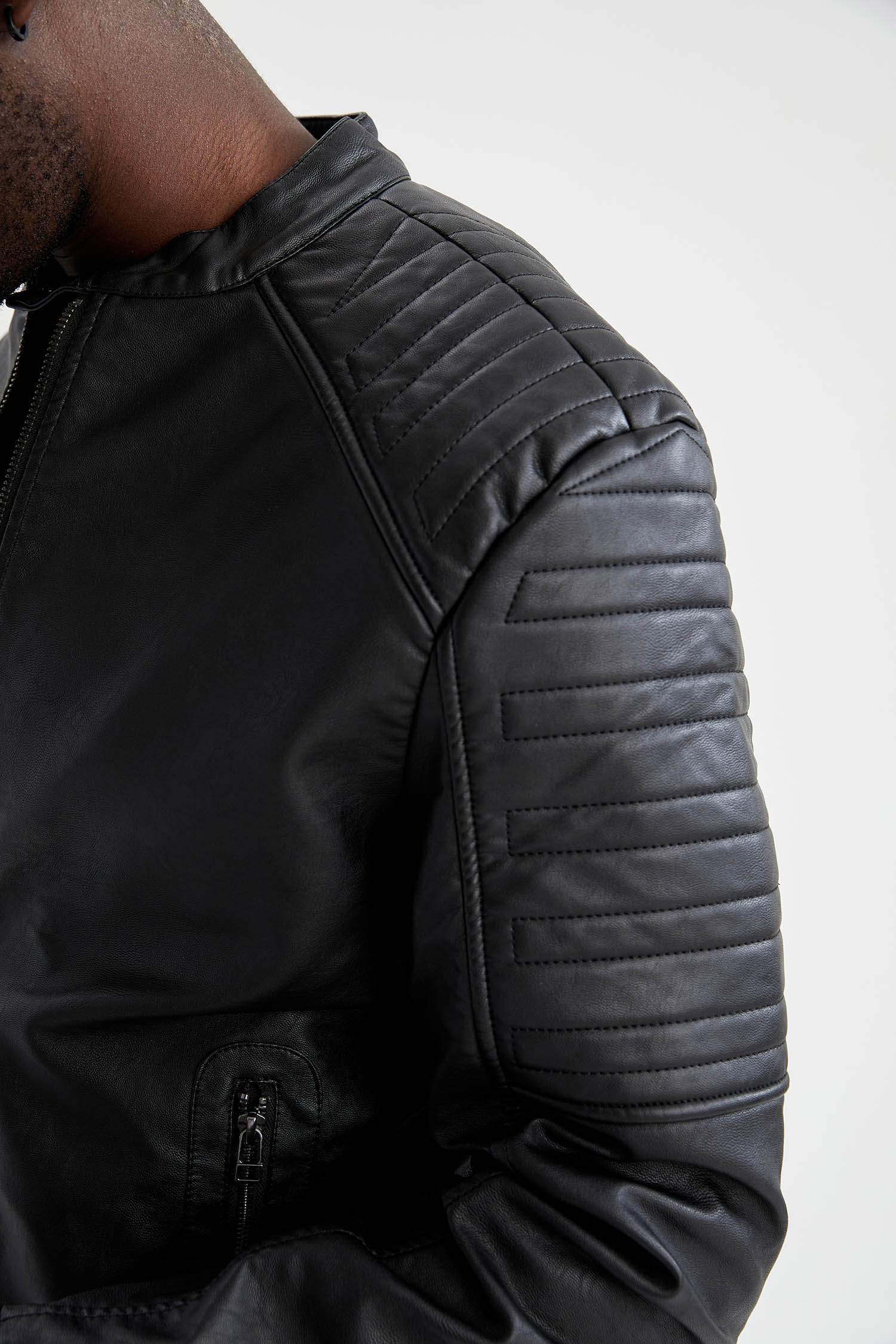 Slim Fit Dik Yaka Suni Deri Biker Ceket