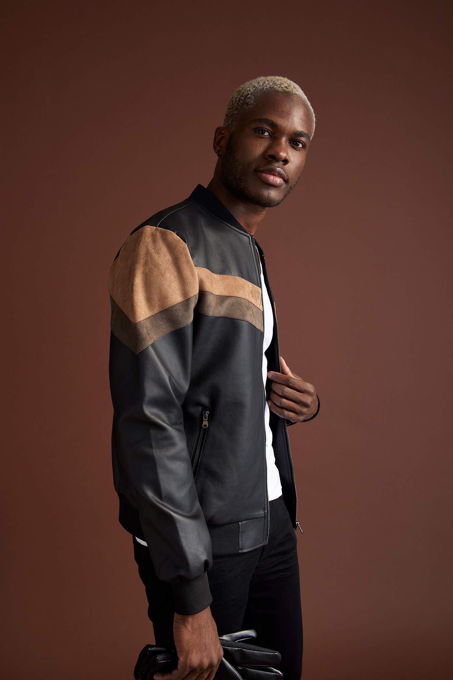 Slim Fit Renk Bloklu Kolej Yaka Bomber Suni Deri Ceket