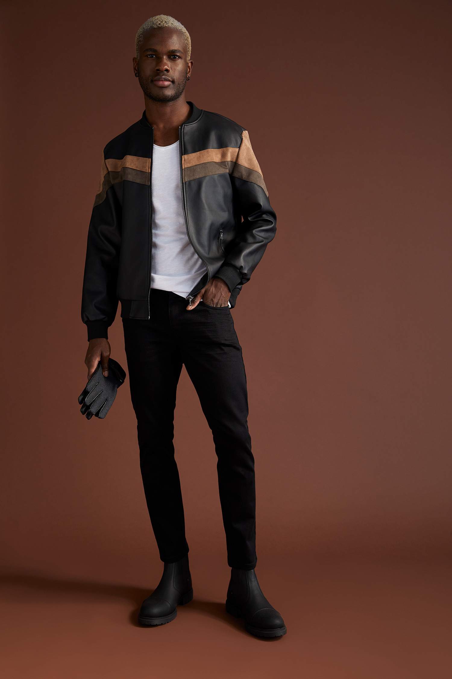 Slim Fit Renk Bloklu Kolej Yaka Bomber Suni Deri Ceket