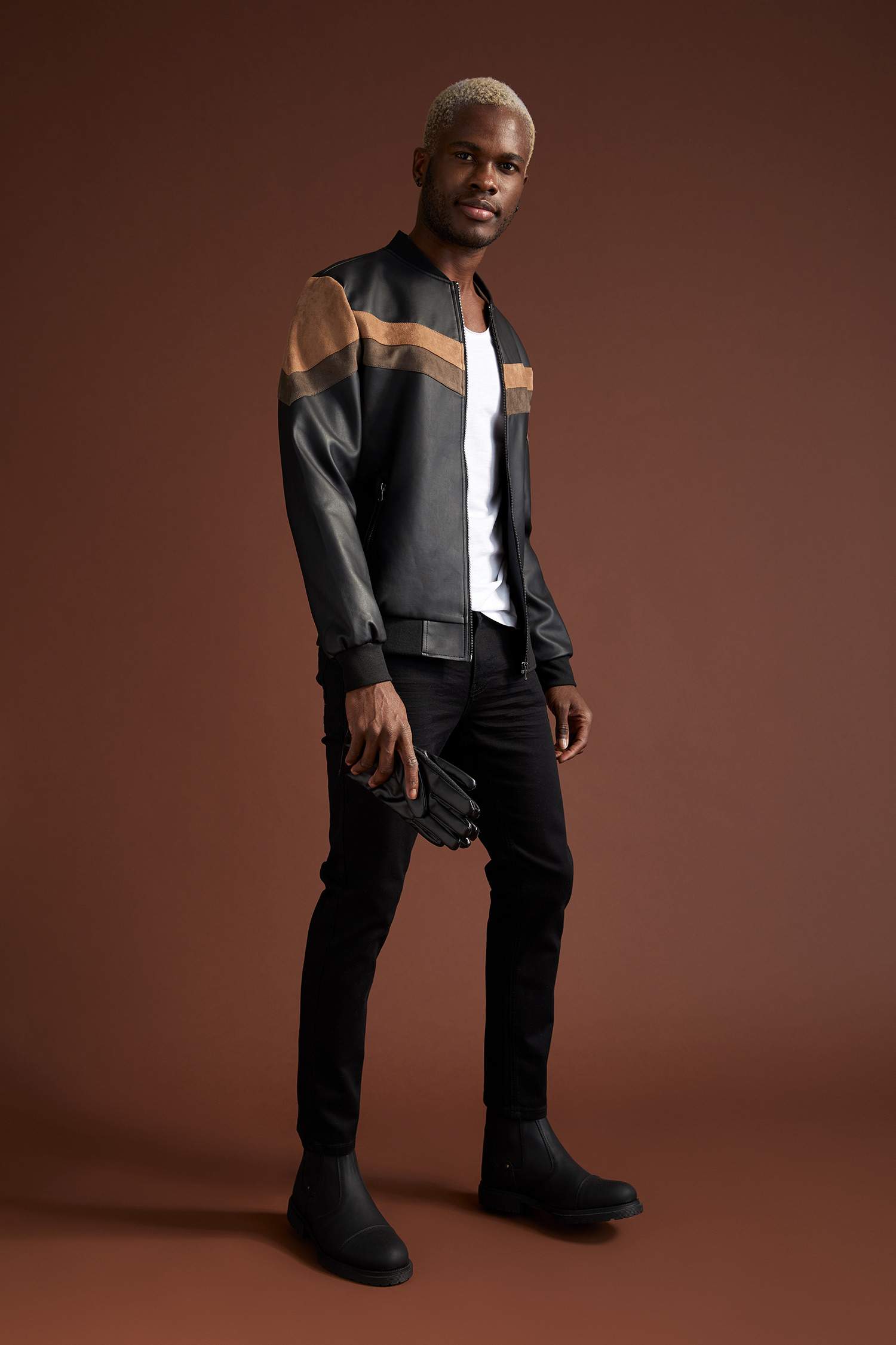 Slim Fit Renk Bloklu Kolej Yaka Bomber Suni Deri Ceket
