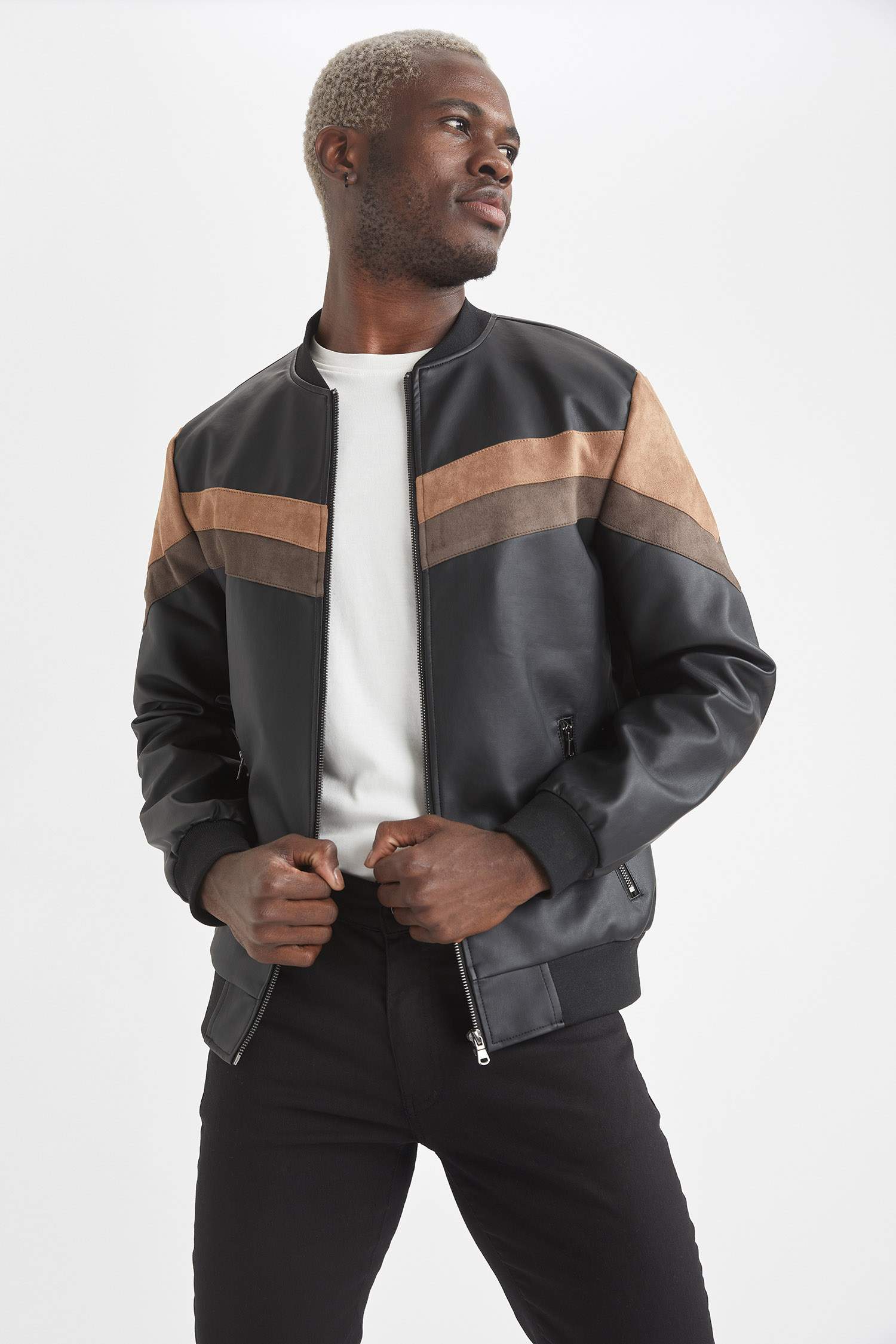 Slim Fit Renk Bloklu Kolej Yaka Bomber Suni Deri Ceket