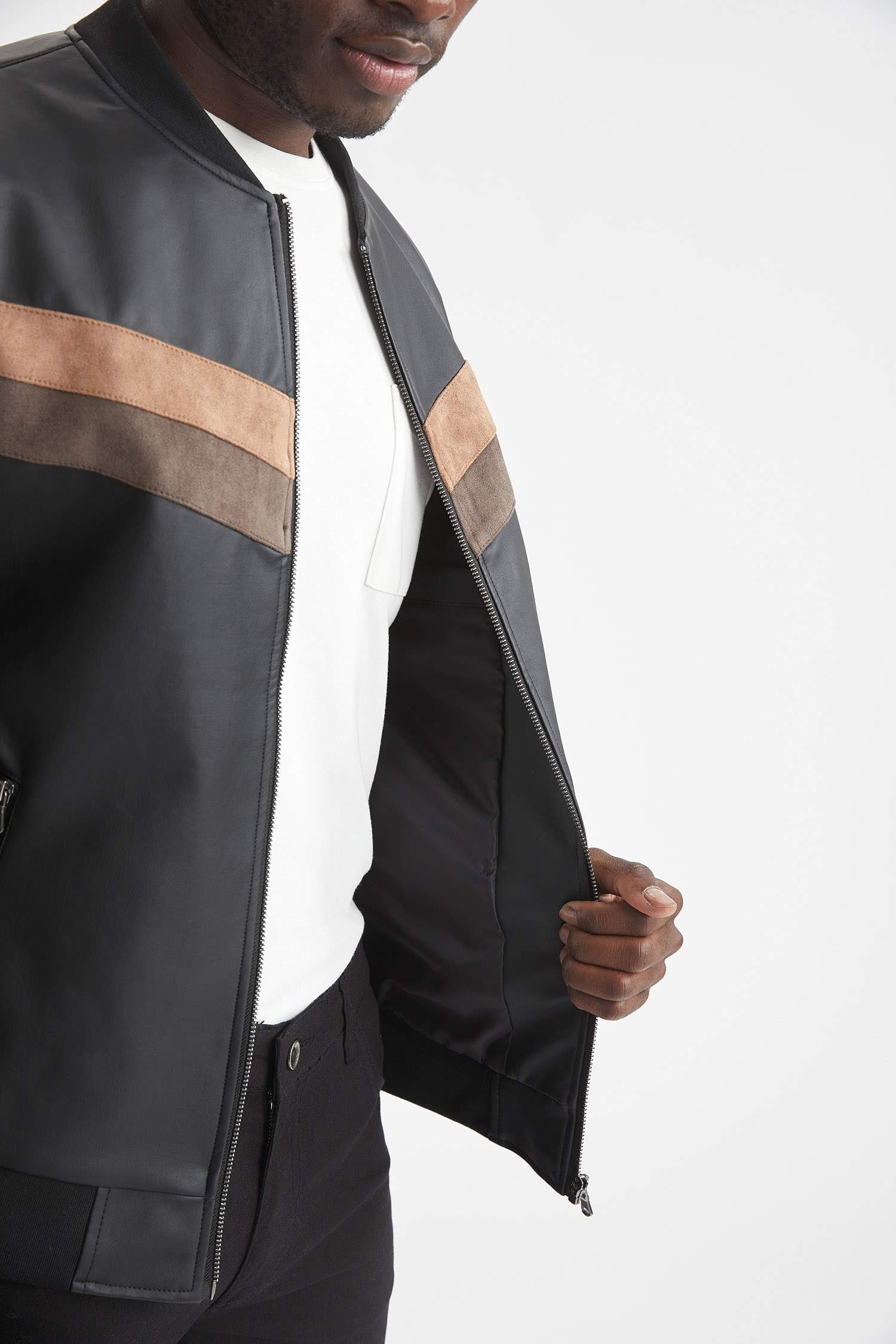 Slim Fit Renk Bloklu Kolej Yaka Bomber Suni Deri Ceket