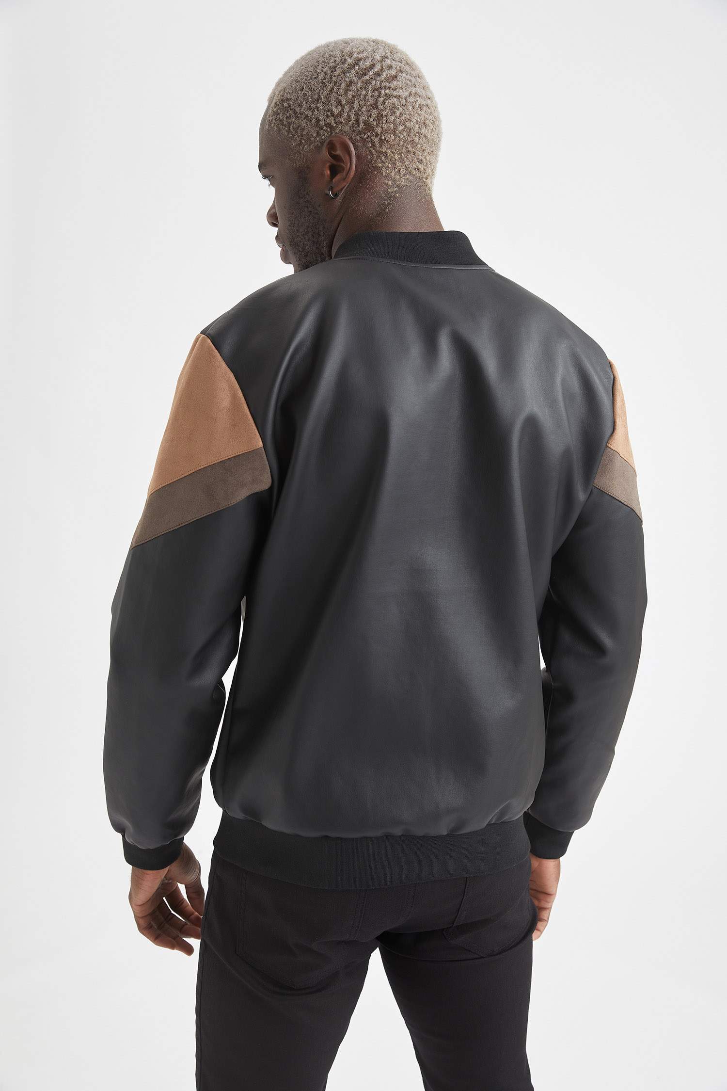 Slim Fit Renk Bloklu Kolej Yaka Bomber Suni Deri Ceket