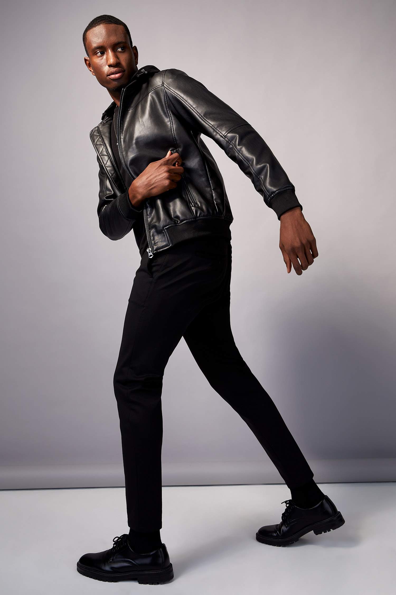 Slim Fit Suni Deri Kolej Yaka Kapüşonlu Bomber Ceket