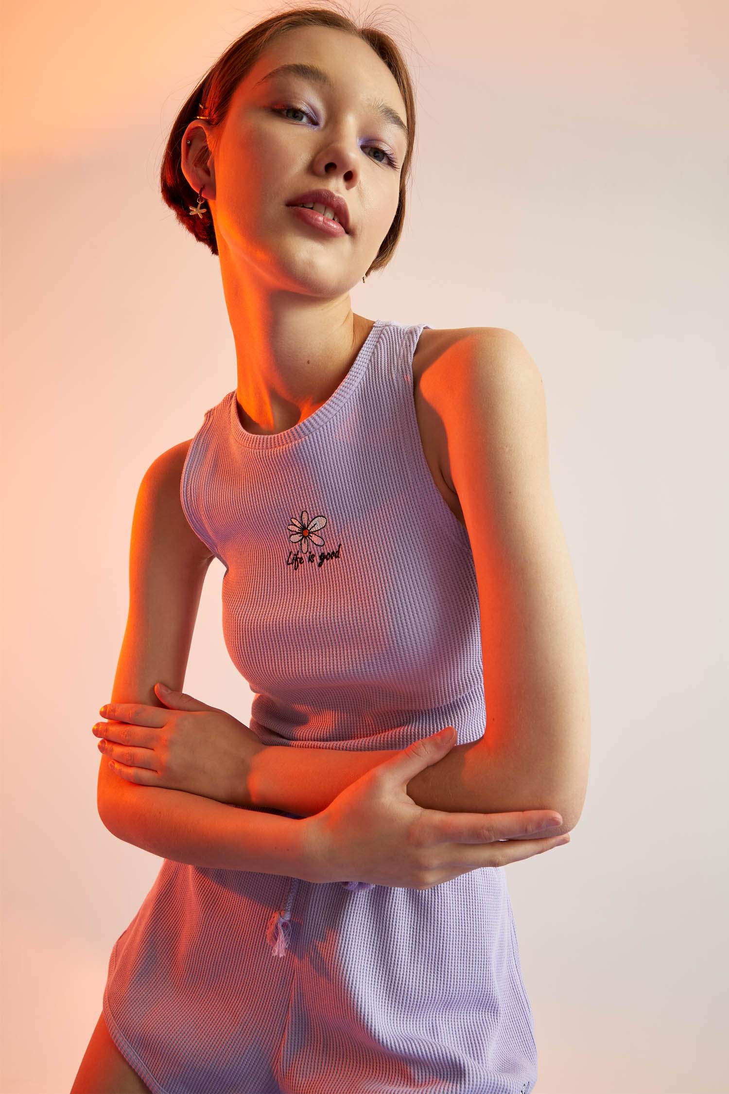 Coool Halter Yaka Yazı İşlemeli Waffle Crop Atlet