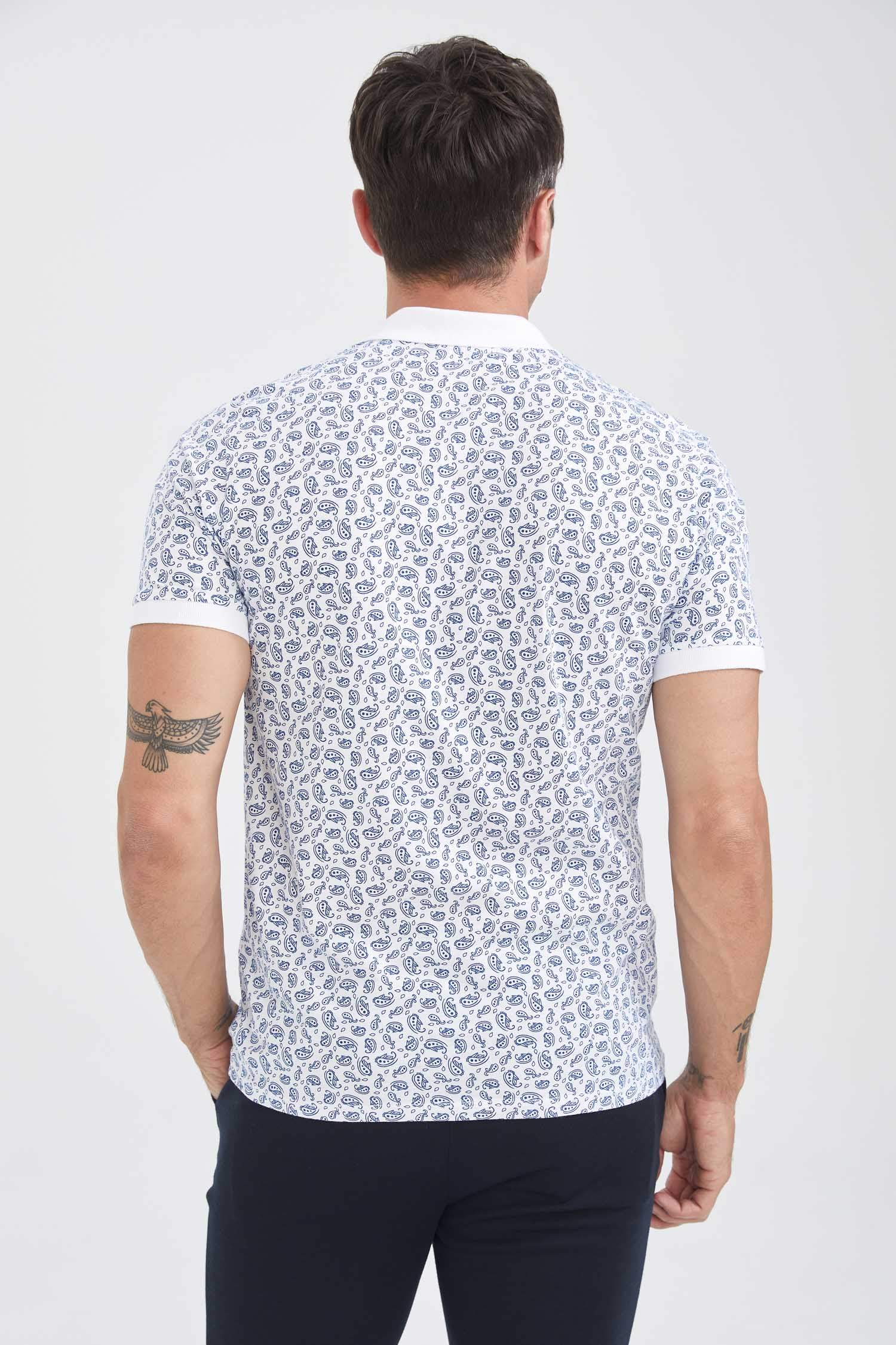 Slim Fit Polo Yaka Şal Desenli Kısa Kollu Tişört
