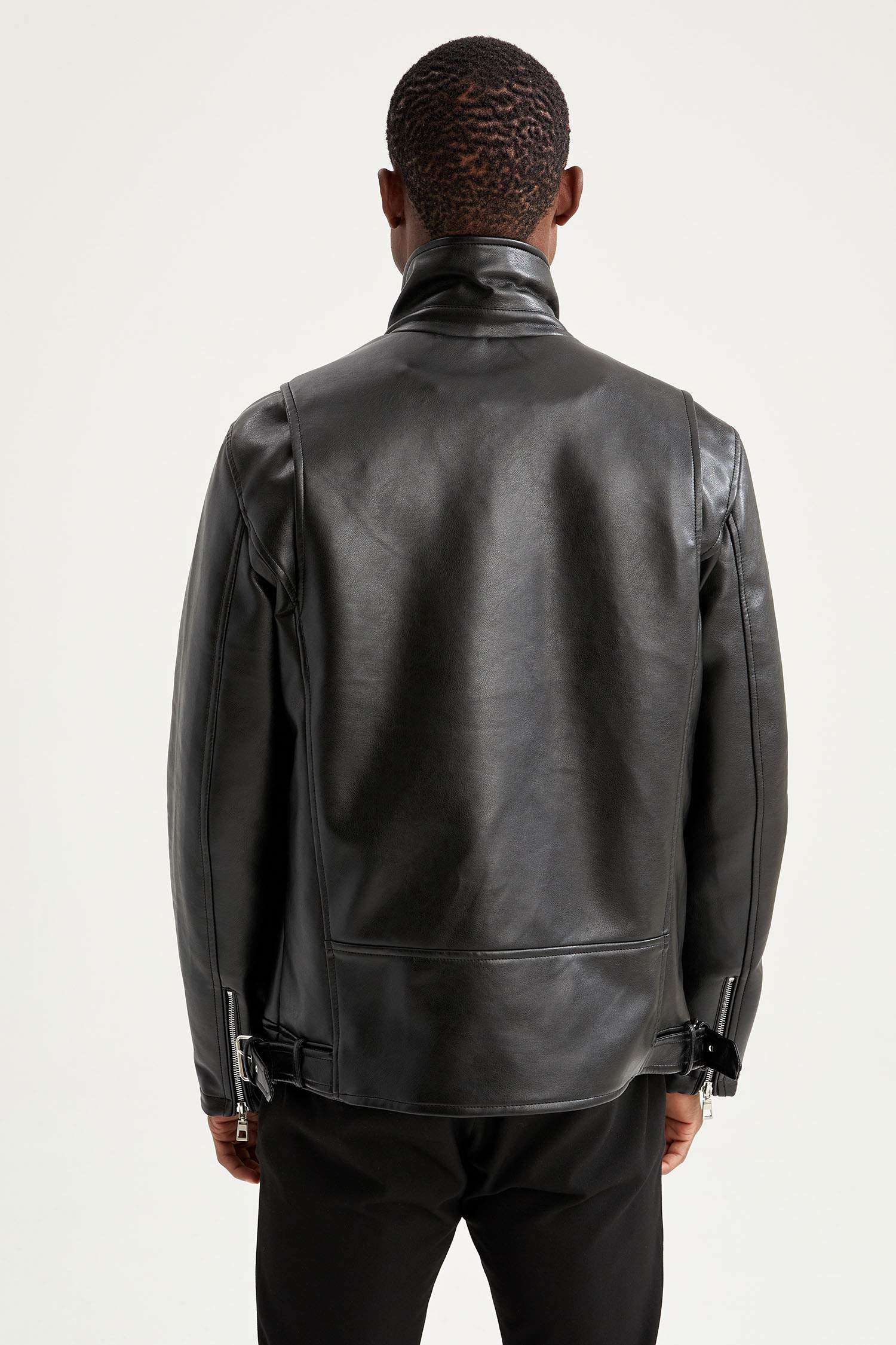 Slim Fit Suni Deri Biker Mont