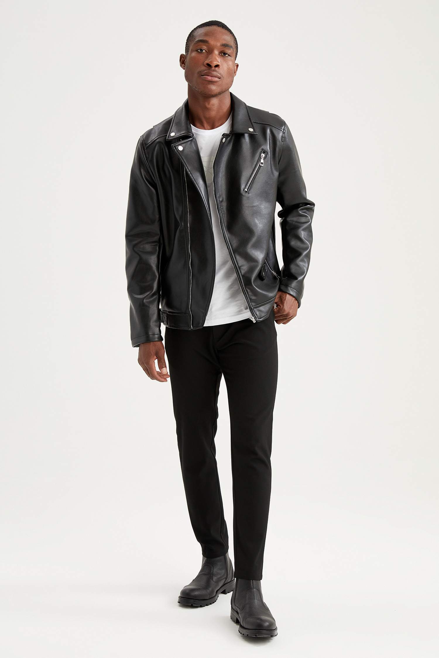 Slim Fit Suni Deri Biker Mont