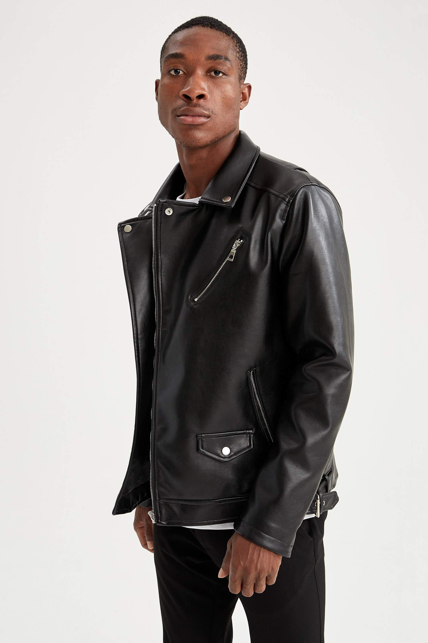 Slim Fit Suni Deri Biker Mont