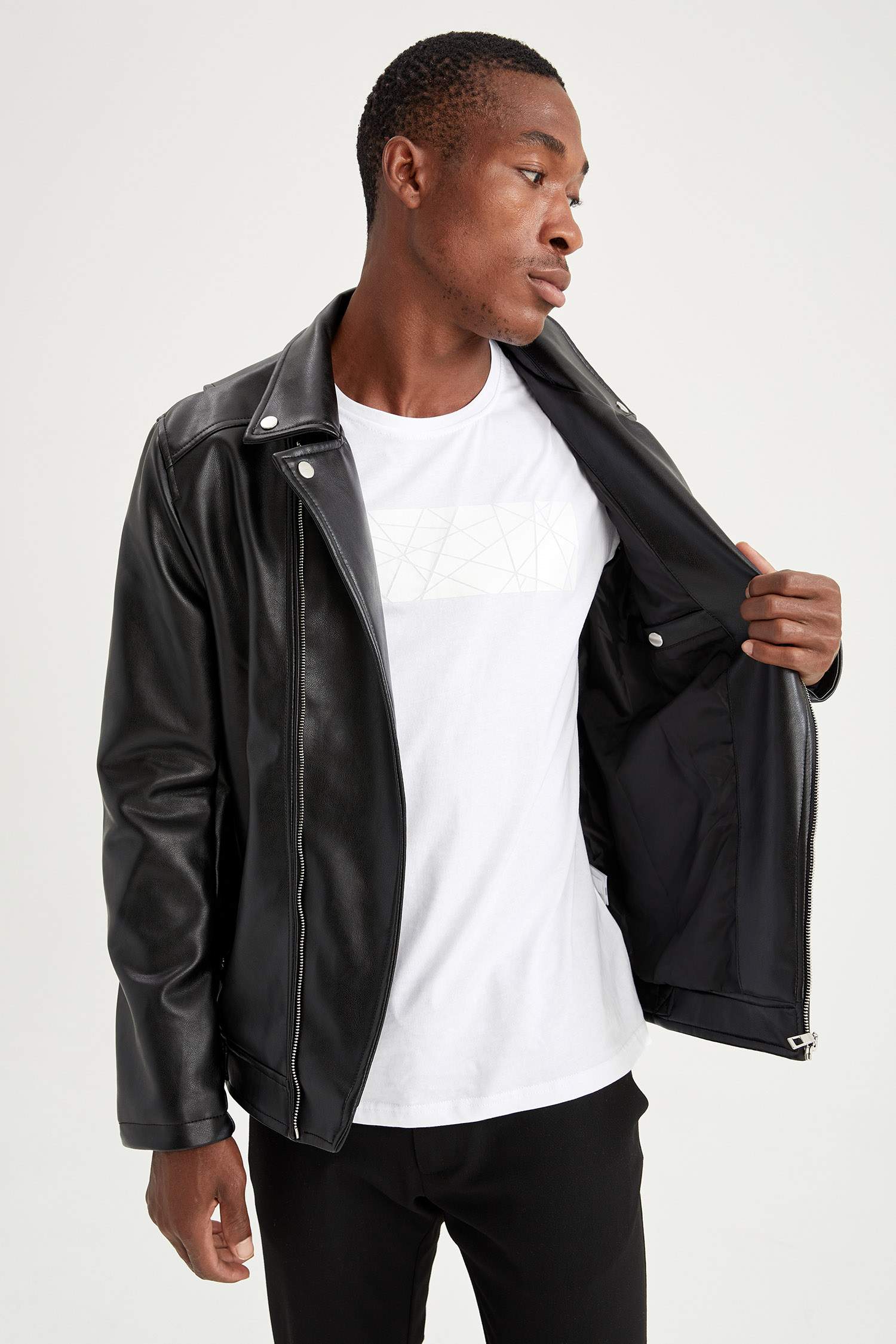 Slim Fit Suni Deri Biker Mont
