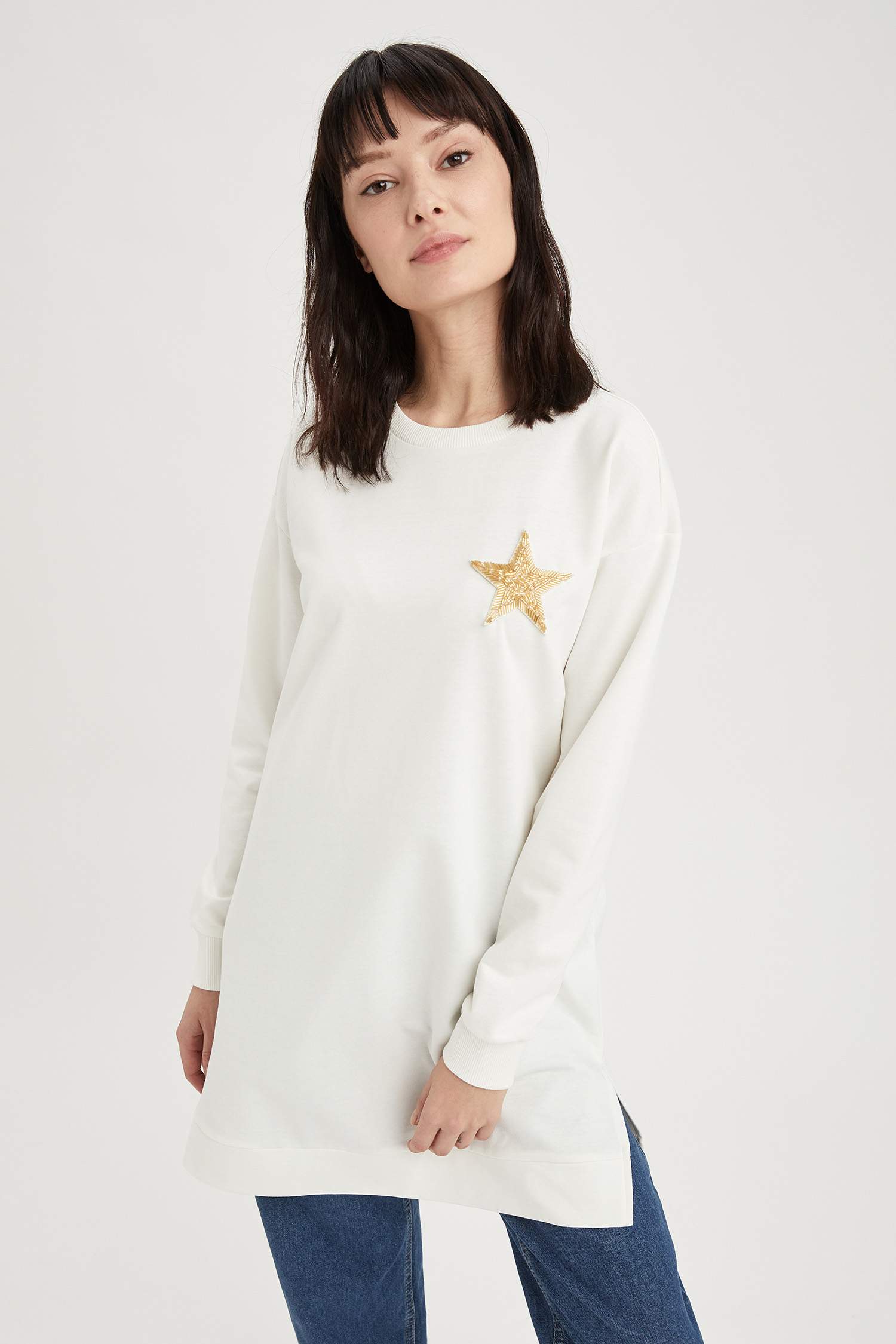 Payetli Yıldız Detaylı Relax Fit Sweat Tunik