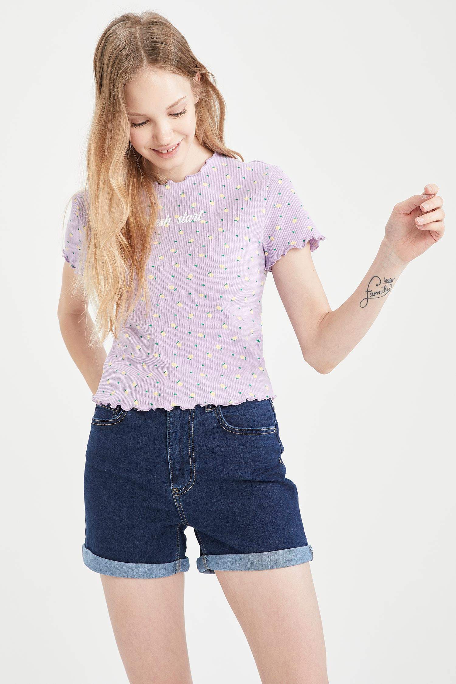 Slogan Baskılı Waffle Slim Fit Kısa Kollu Tişört
