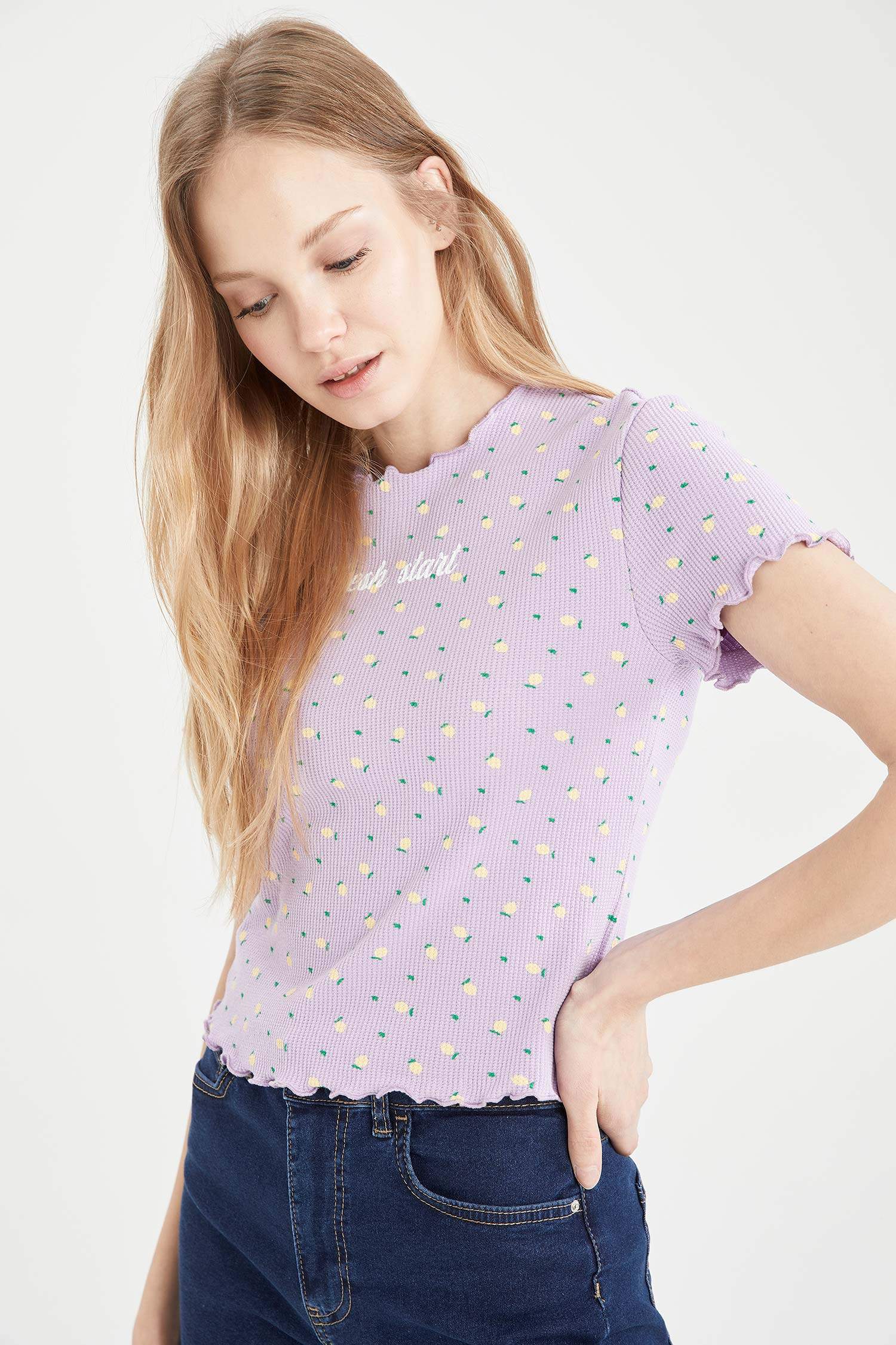 Slogan Baskılı Waffle Slim Fit Kısa Kollu Tişört