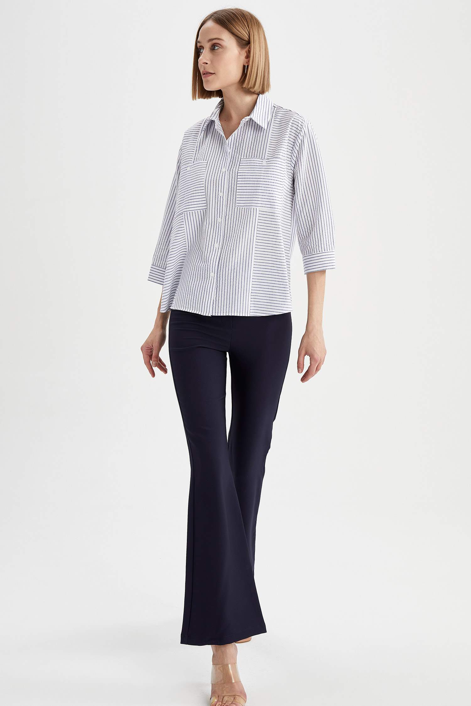 Çizgili Cep Detaylı Oversize Fit Yarım Kollu Gömlek Tunik