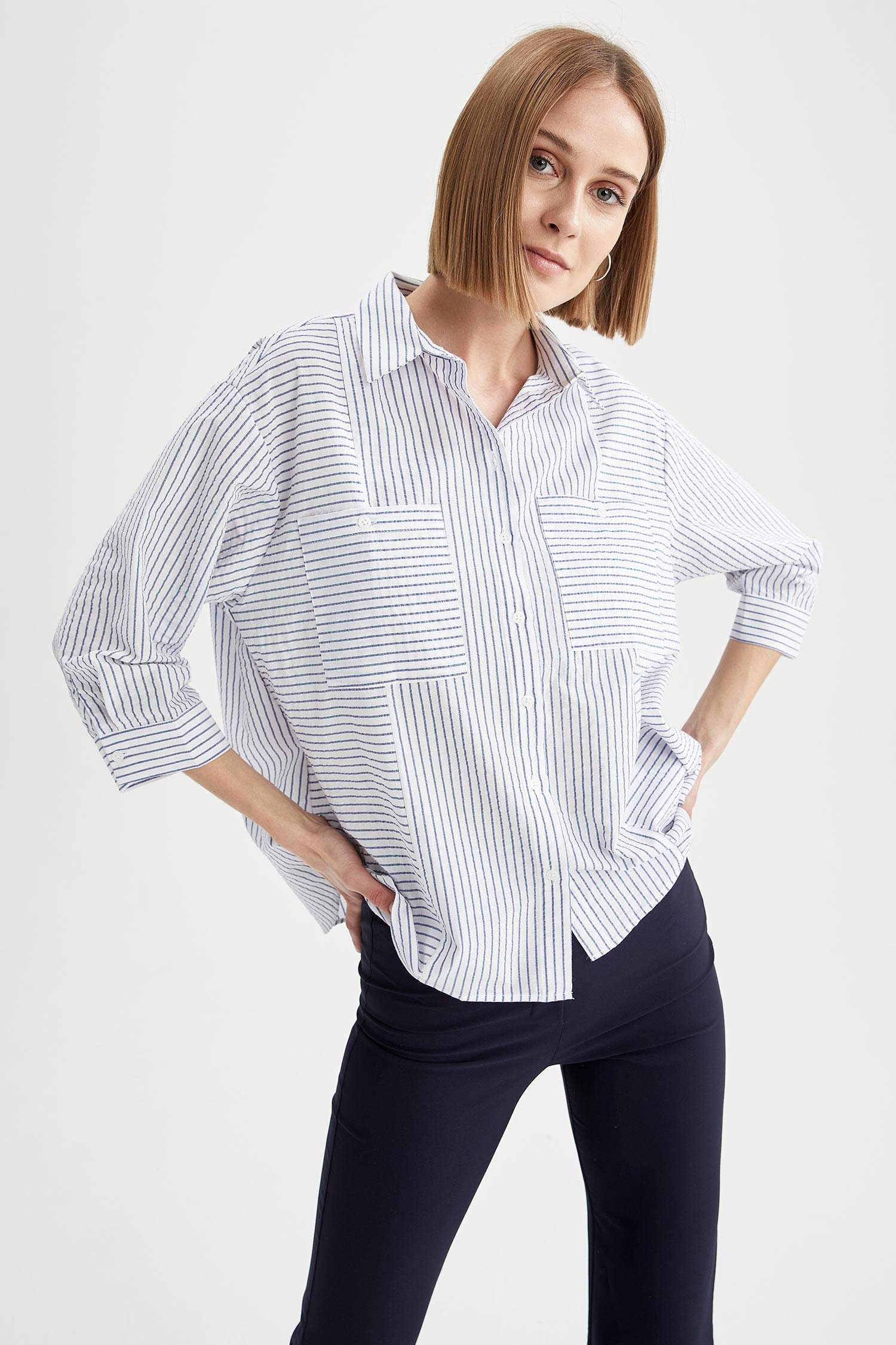 Çizgili Cep Detaylı Oversize Fit Yarım Kollu Gömlek Tunik