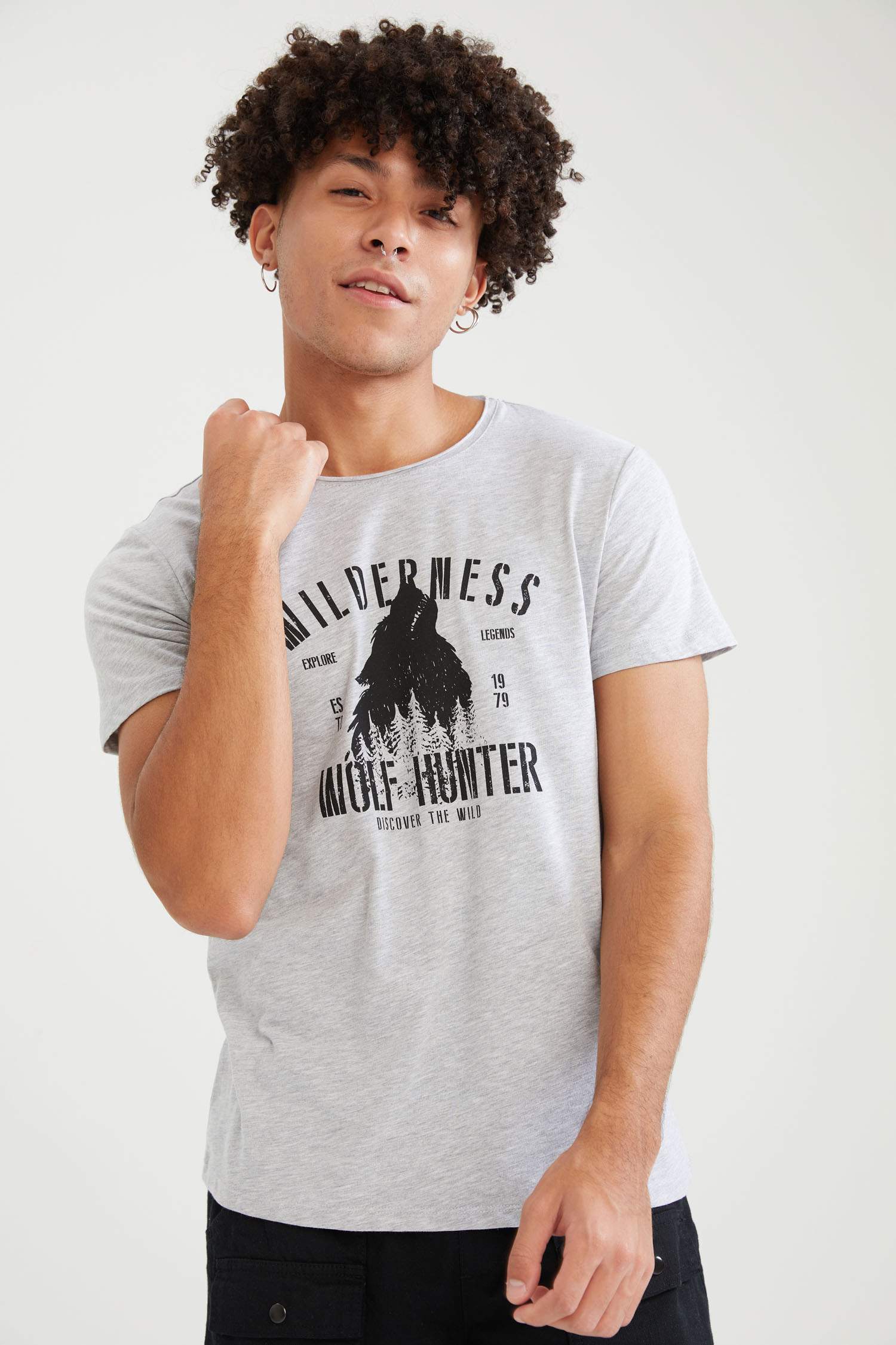 Slim Fit Bisiklet Yaka Slogan Baskılı Kısa Kollu Tişört