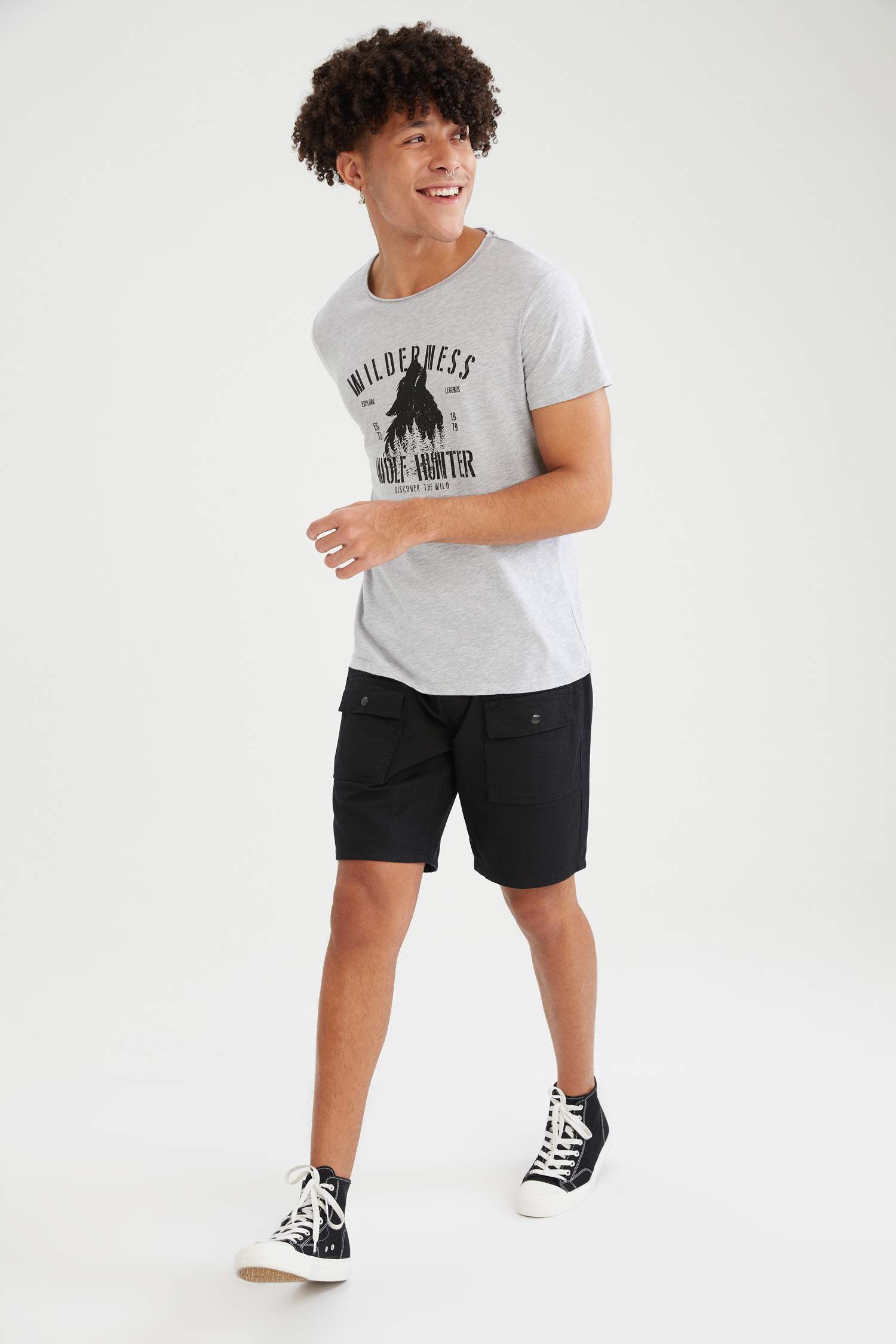 Slim Fit Bisiklet Yaka Slogan Baskılı Kısa Kollu Tişört