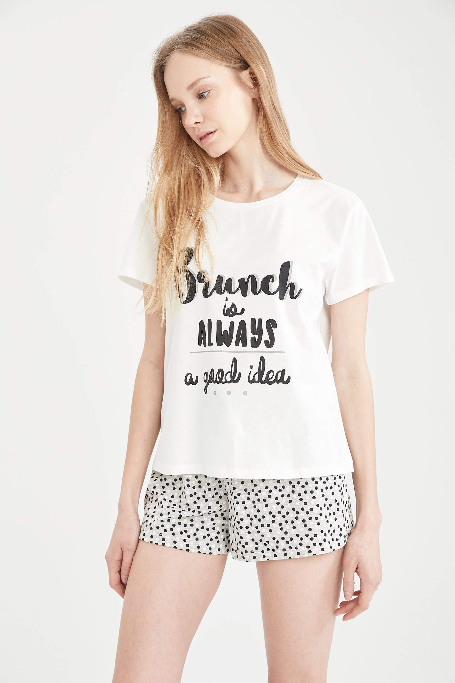 Slogan Baskılı Kısa Kollu Relax Fit Pijama Takımı
