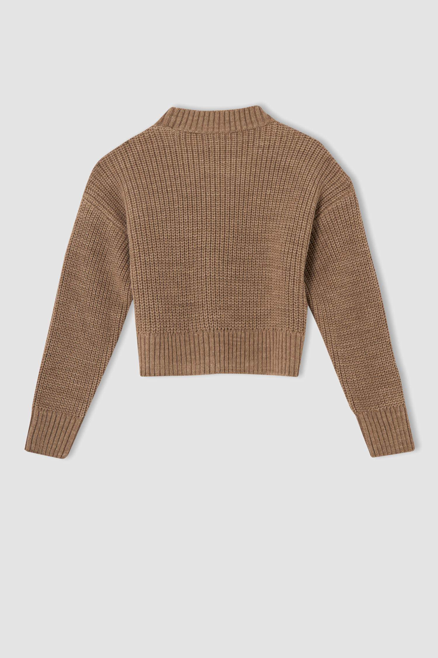 Kız Çocuk Regular Fit Boğazlı Yarım Balıkçı Yaka Crop Basic Triko Kazak