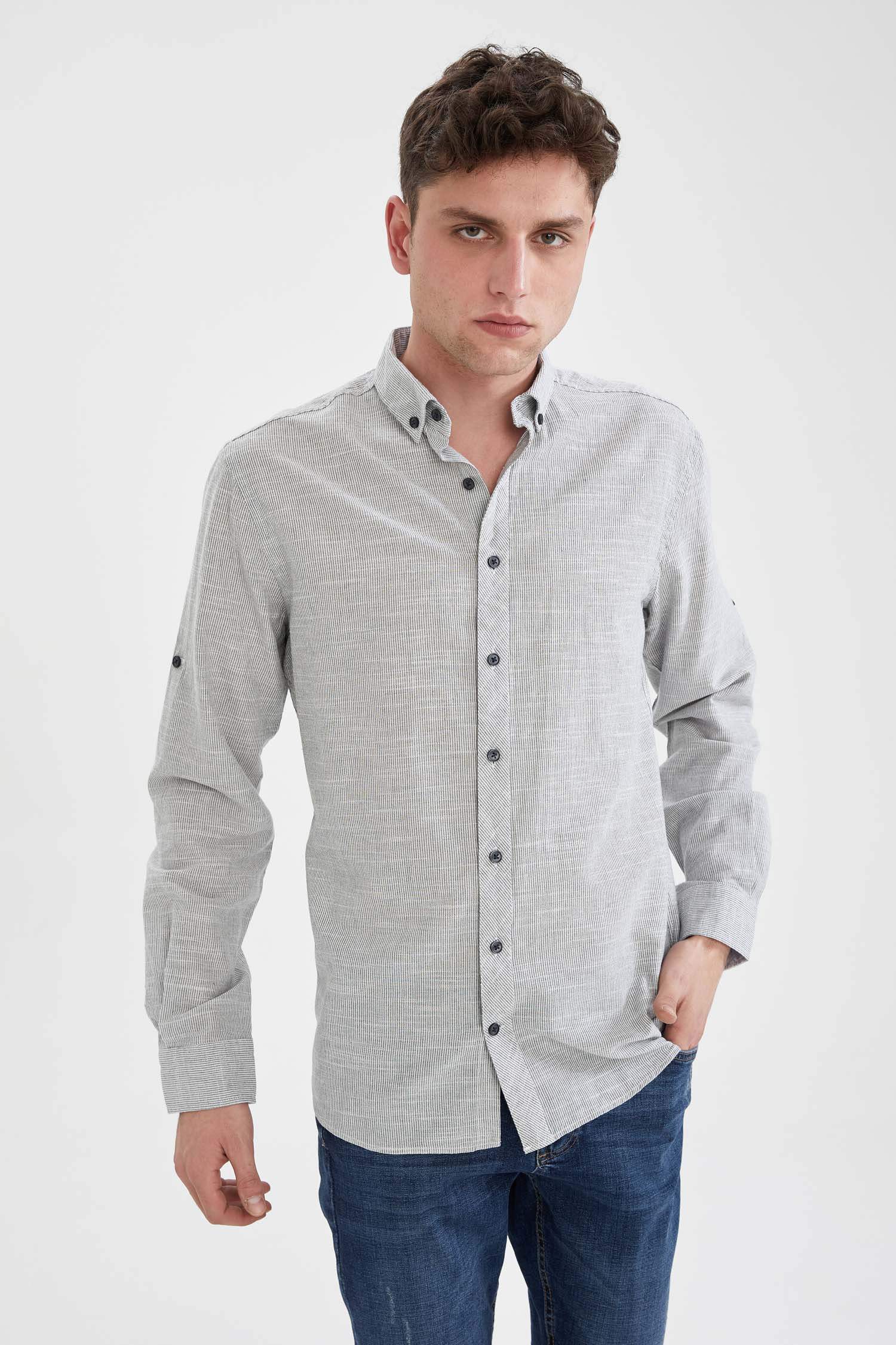 Slim Fit Düğmeli Yaka Poplin Uzun Kollu Gömlek