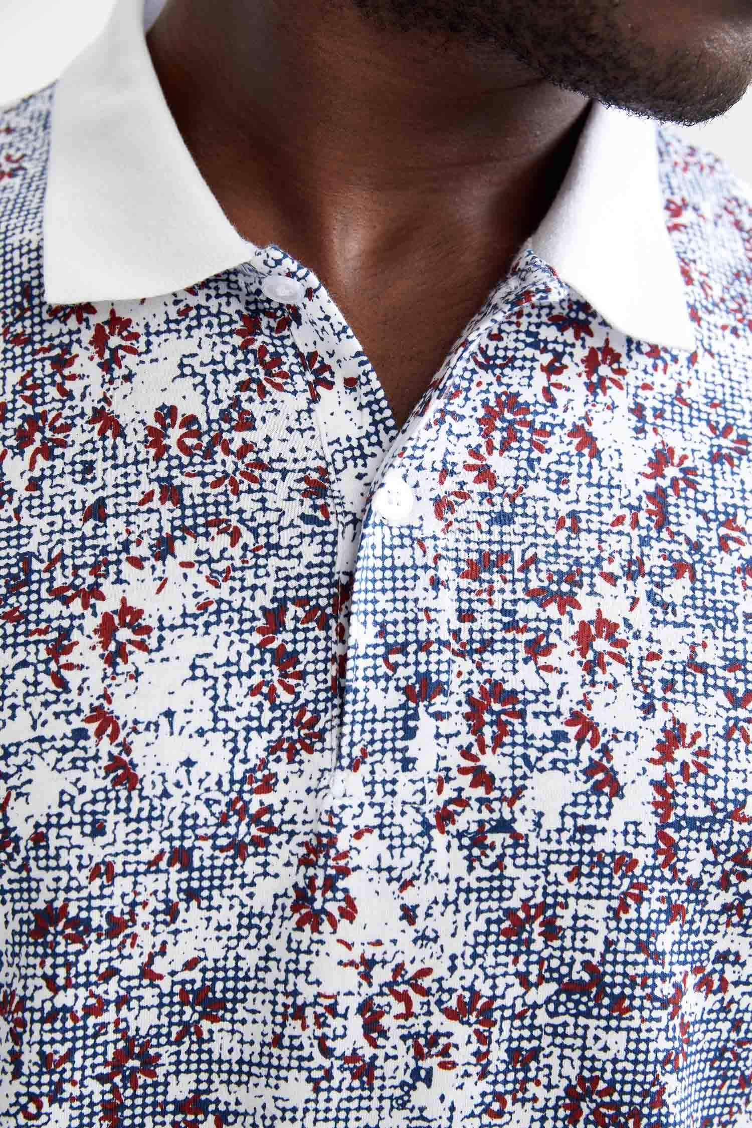Slim Fit Polo Yaka Çiçek Desenli Kısa Kollu Tişört
