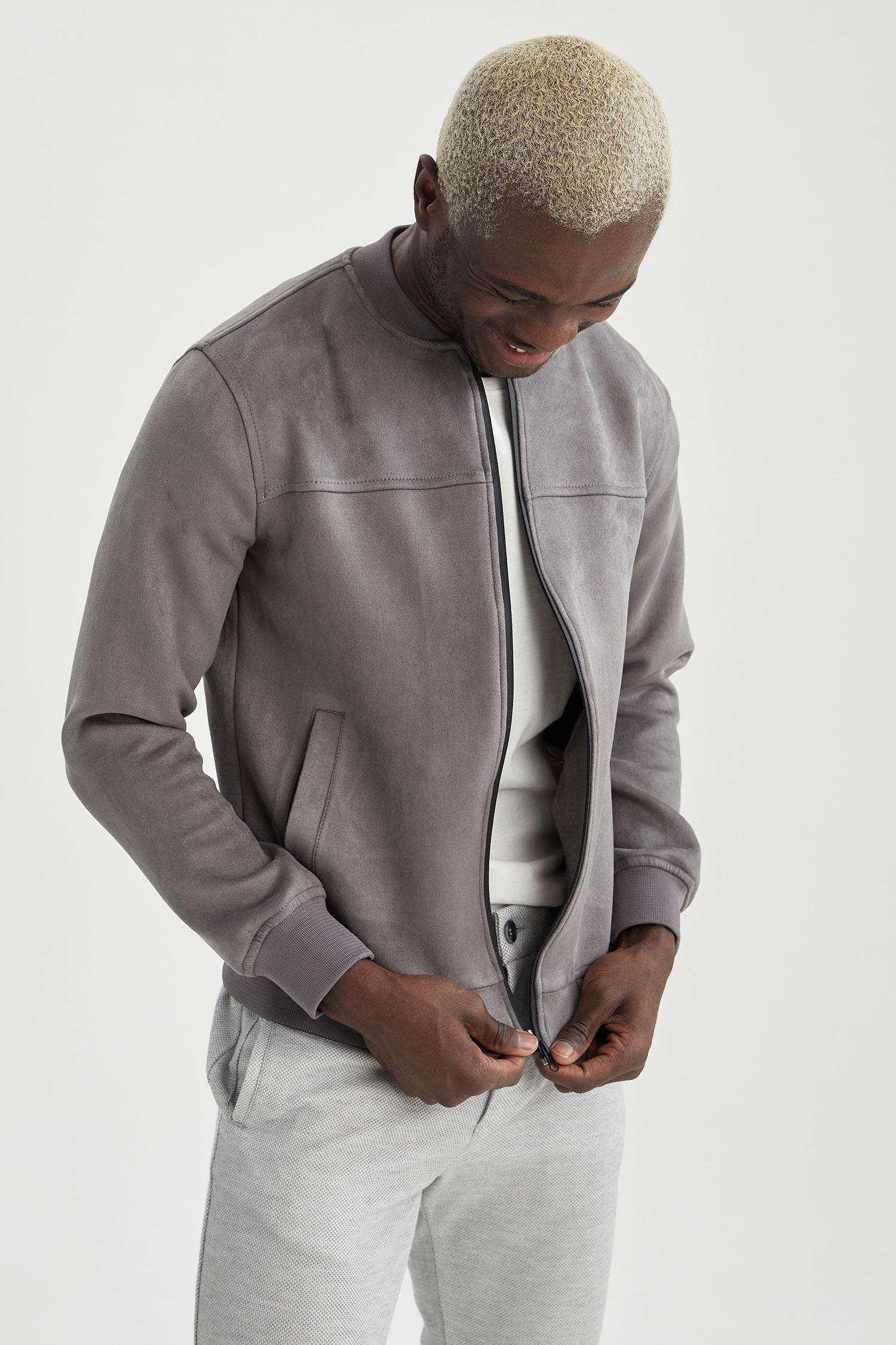 Slim Fit Süet Kolej Yaka Bomber Ceket