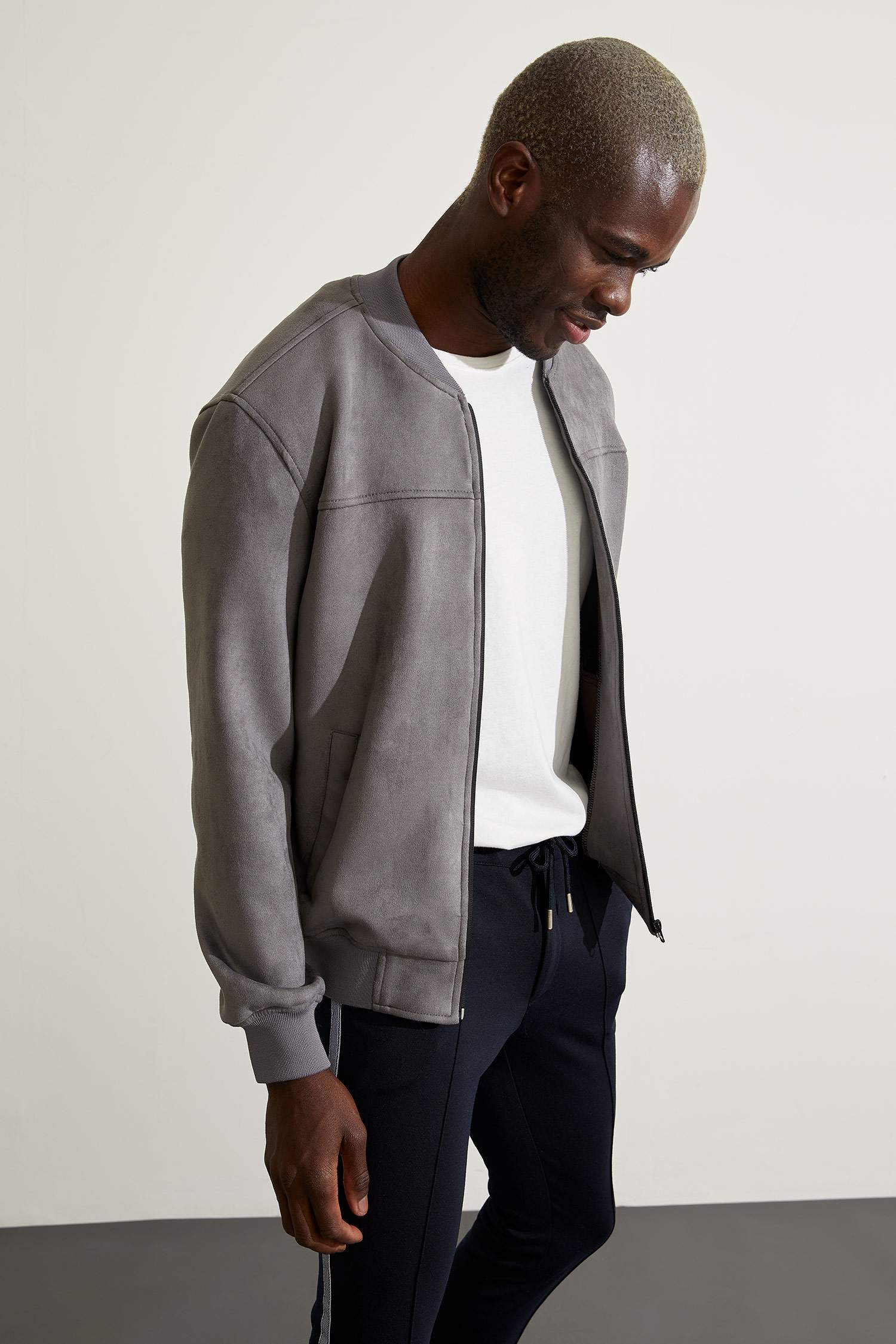 Slim Fit Süet Kolej Yaka Bomber Ceket