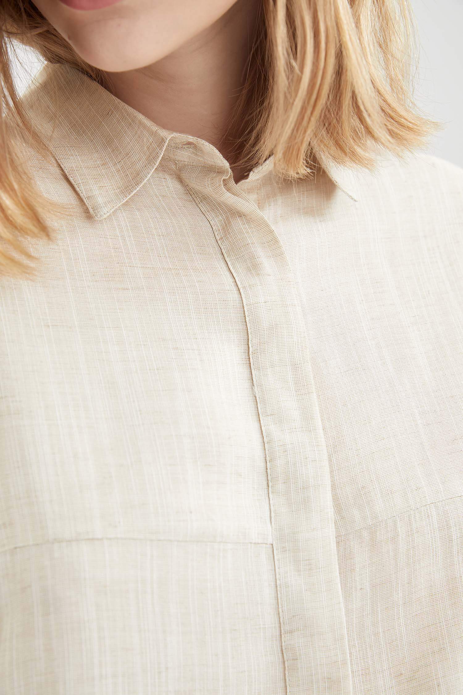 Basic Oversize Fit Keten Görünümlü Uzun Kollu Gömlek