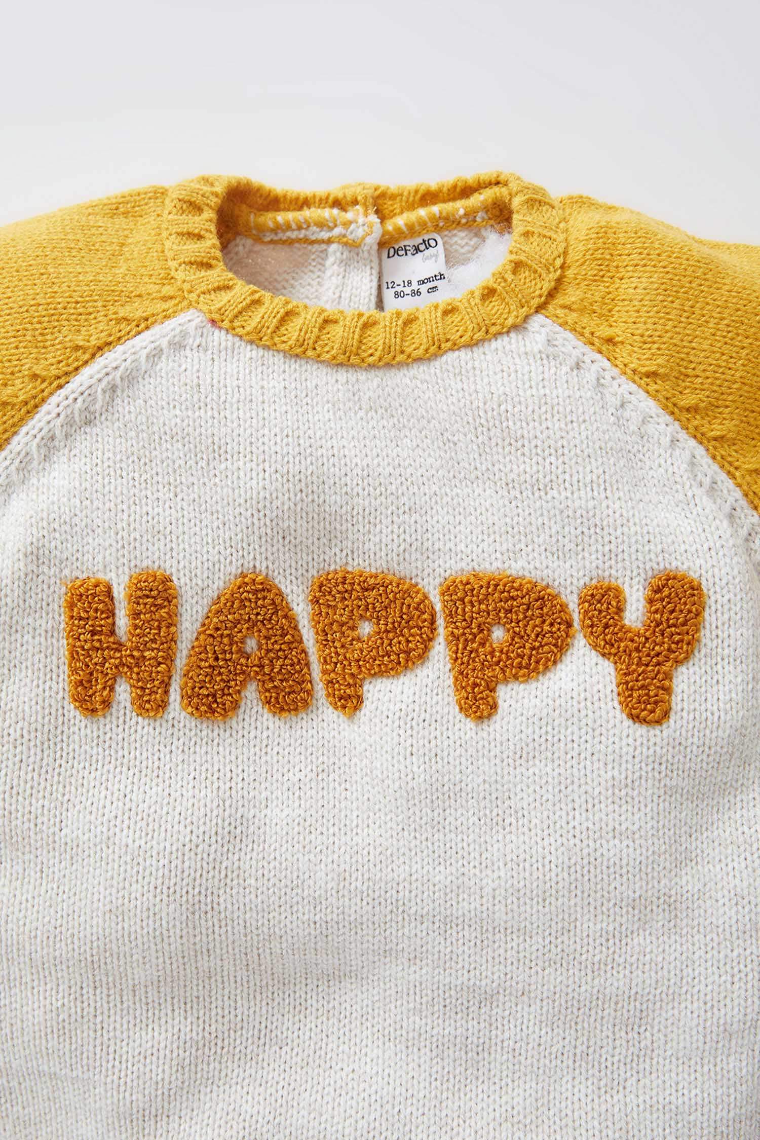 Erkek Bebek Happy Slogan Baskılı Renk Bloklu Triko Kazak