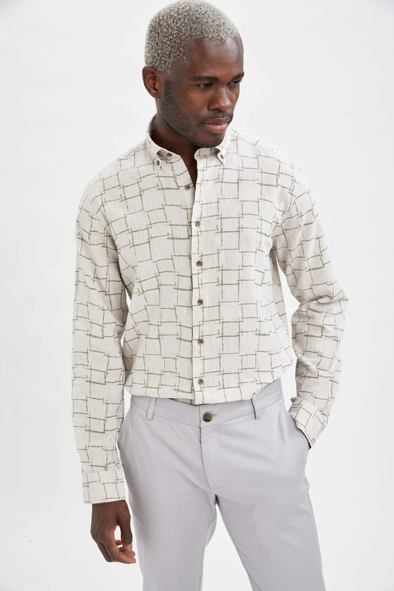 Modern Fit Desenli Uzun Kollu Keten Gömlek
