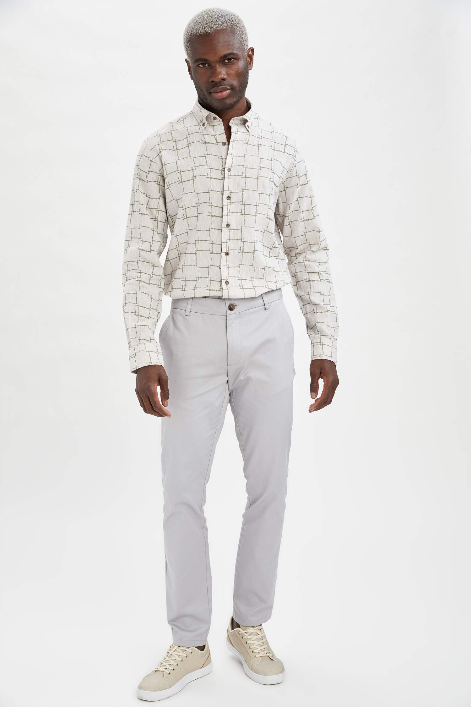 Modern Fit Desenli Uzun Kollu Keten Gömlek