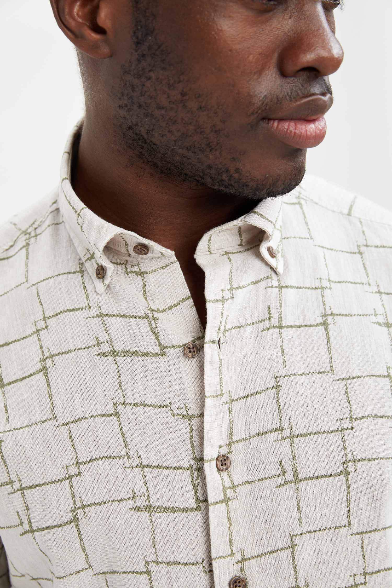 Modern Fit Desenli Uzun Kollu Keten Gömlek