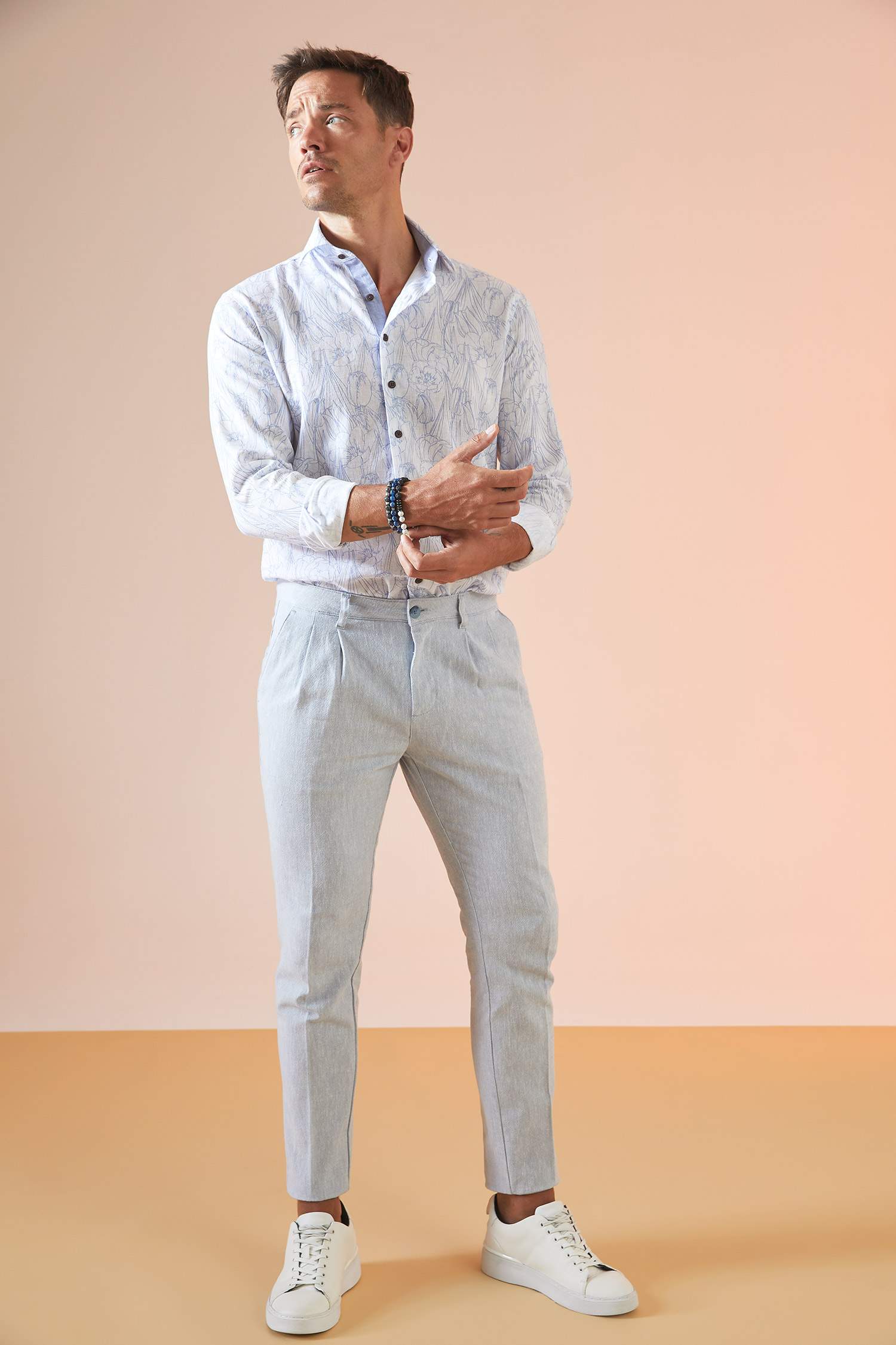 Modern Fit Floral Desenli Uzun Kollu Keten Gömlek