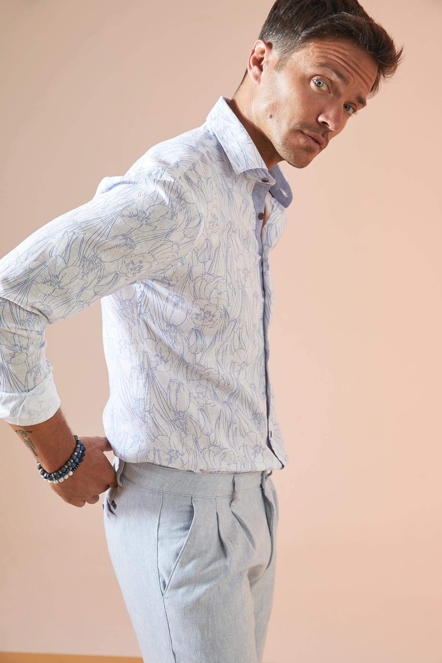 Modern Fit Floral Desenli Uzun Kollu Keten Gömlek