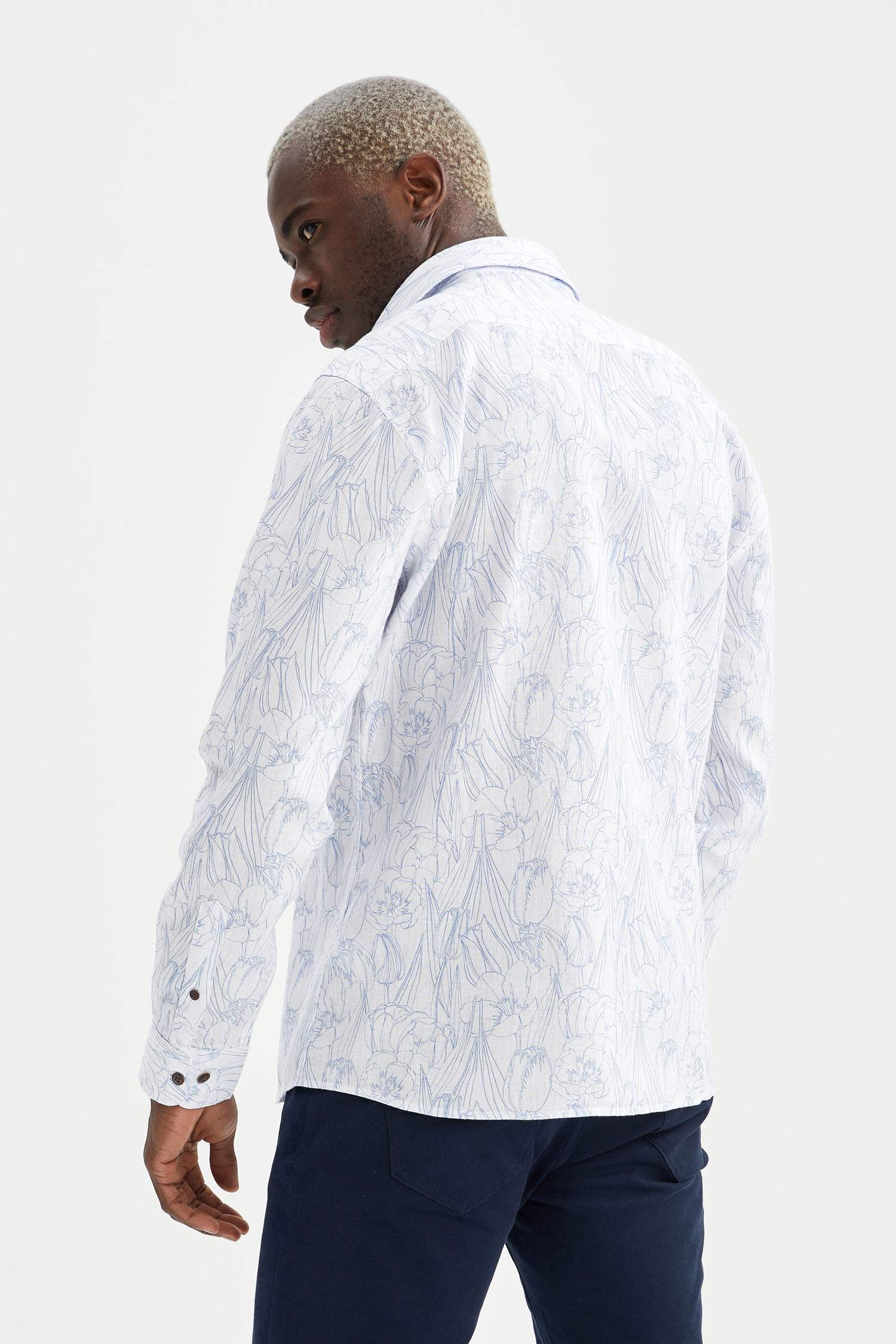 Modern Fit Floral Desenli Uzun Kollu Keten Gömlek