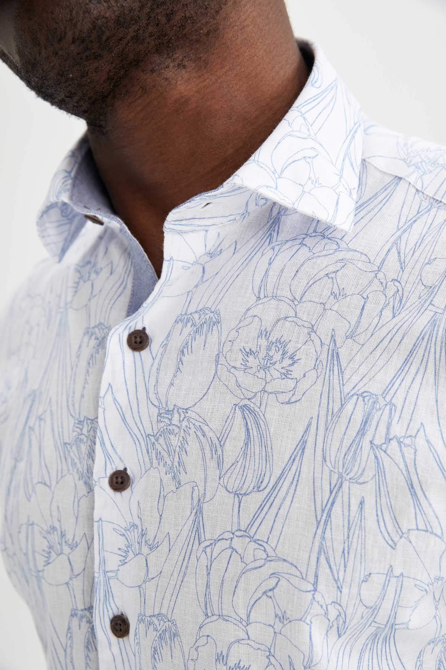 Modern Fit Floral Desenli Uzun Kollu Keten Gömlek