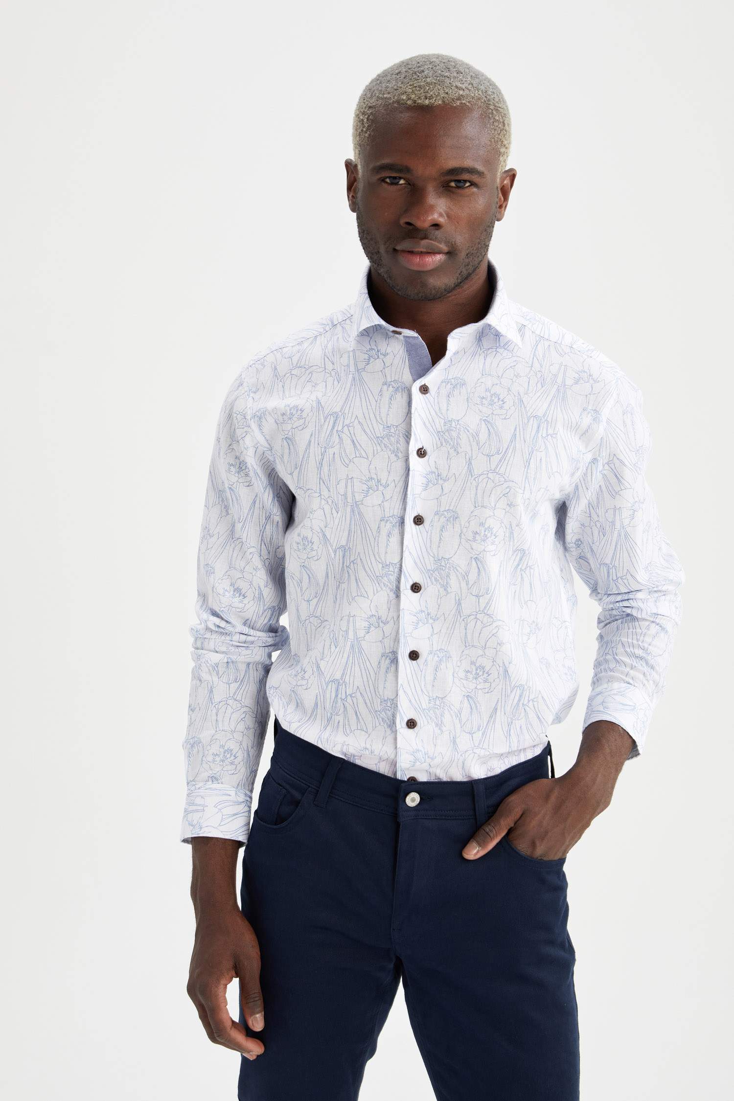 Modern Fit Floral Desenli Uzun Kollu Keten Gömlek
