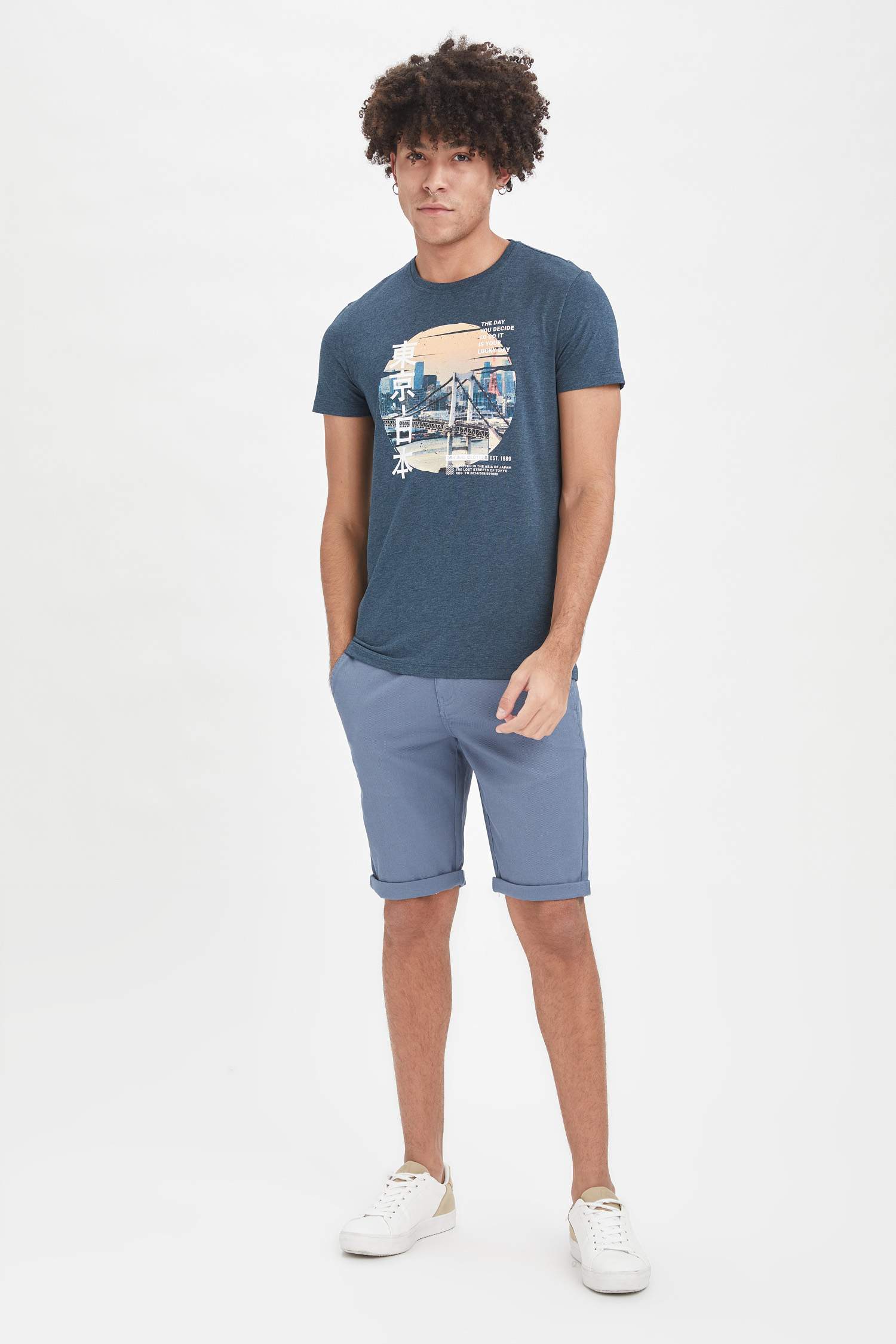 Ekstra Slim Fit Bisiklet Yaka Baskılı Kısa Kollu Tişört