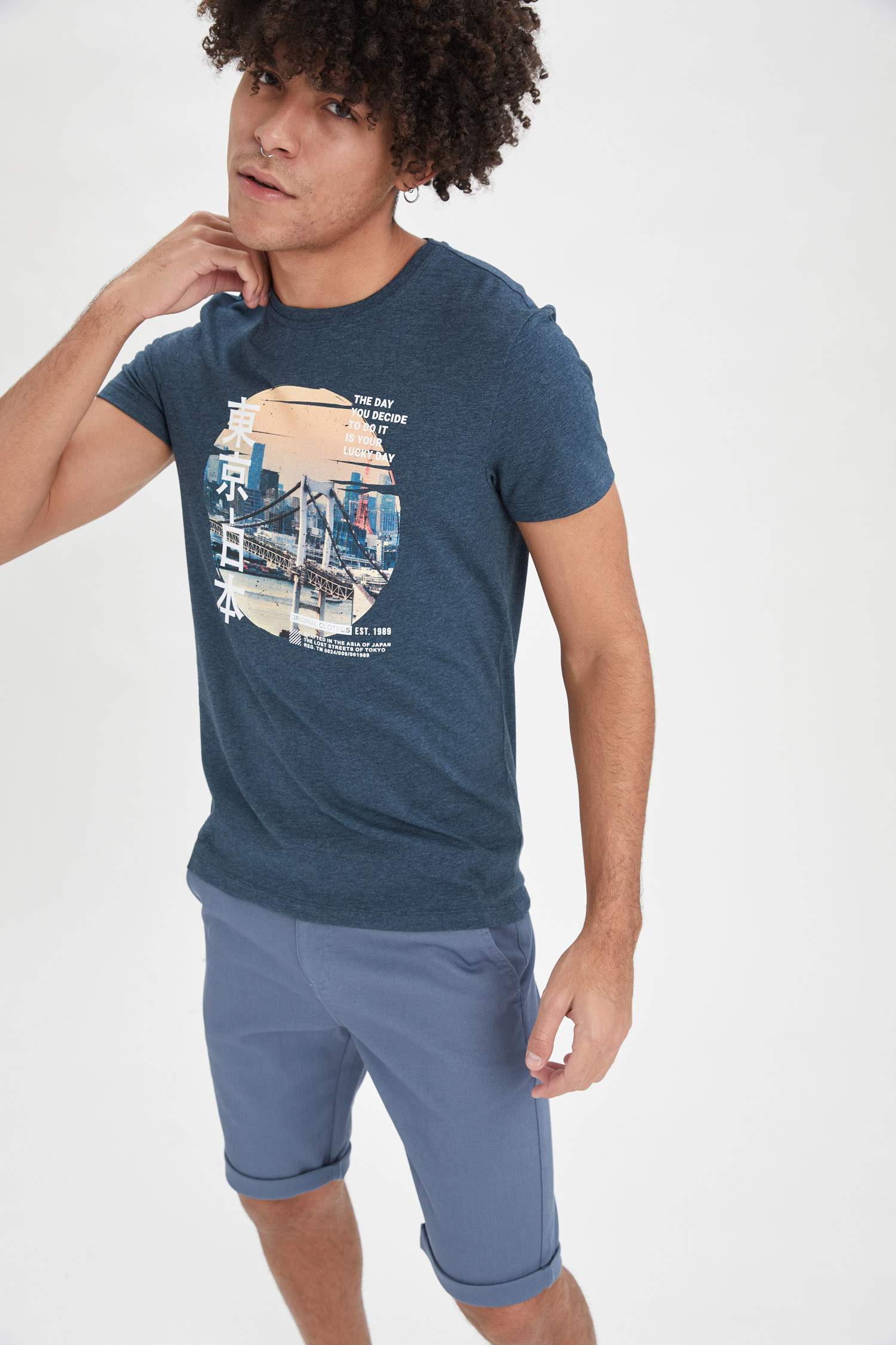 Ekstra Slim Fit Bisiklet Yaka Baskılı Kısa Kollu Tişört