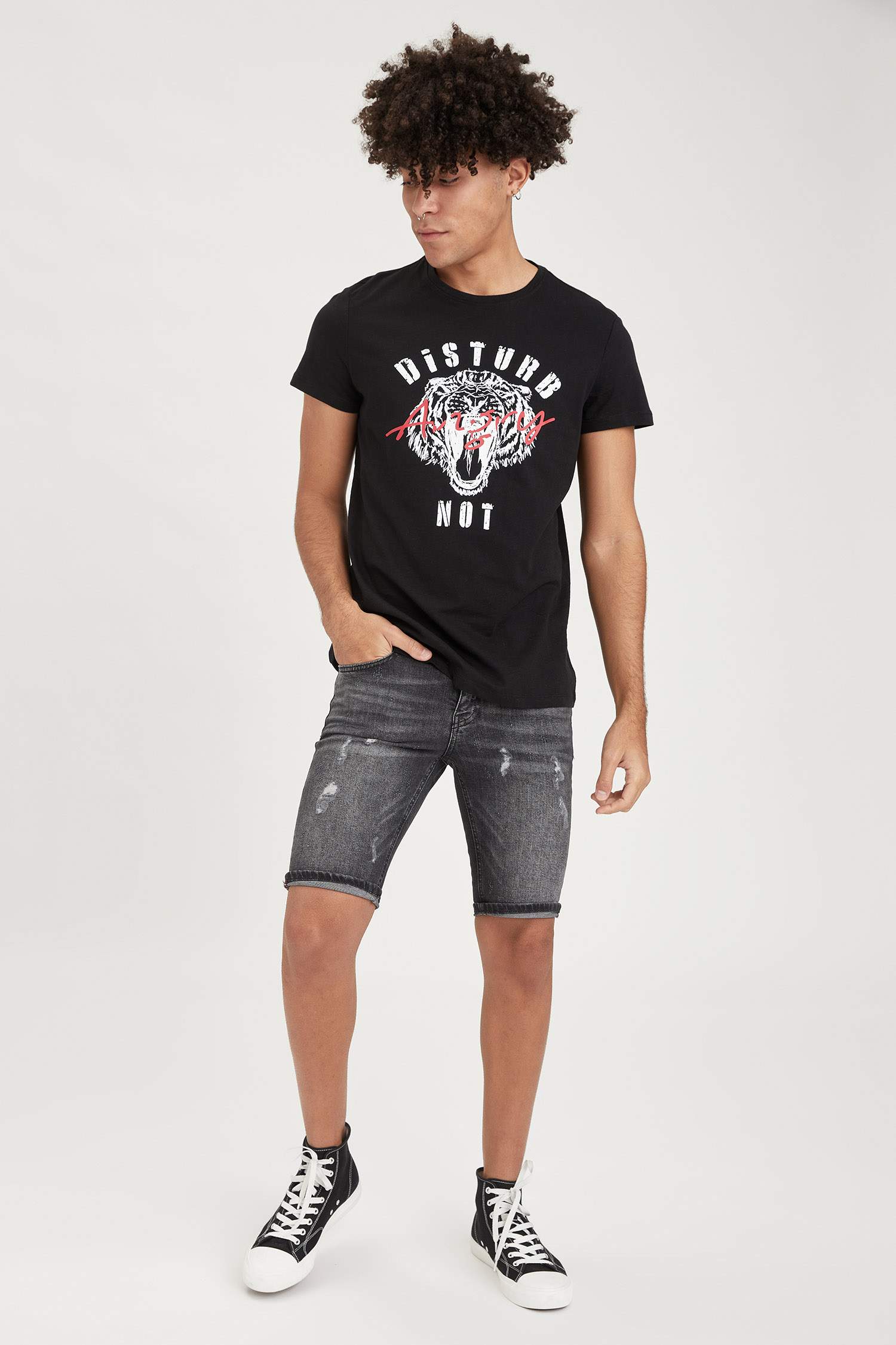 Ekstra Slim Fit Bisiklet Yaka Slogan Baskılı Kısa Kollu Tişört