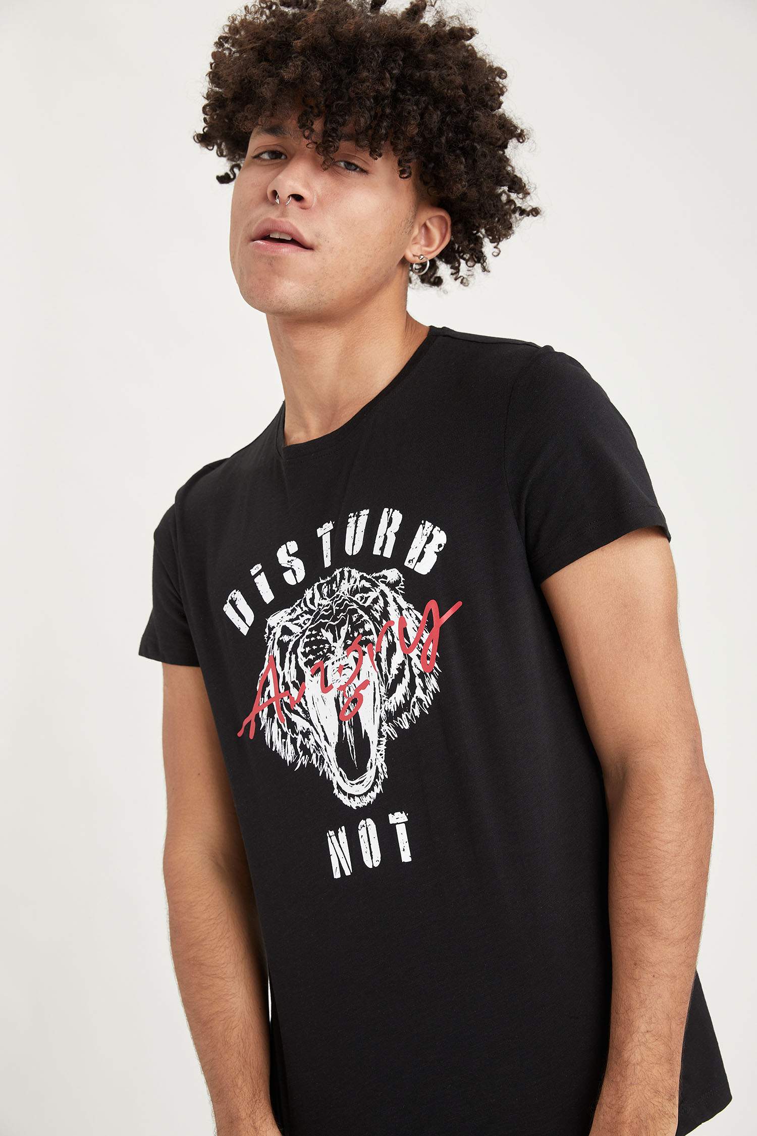 Ekstra Slim Fit Bisiklet Yaka Slogan Baskılı Kısa Kollu Tişört