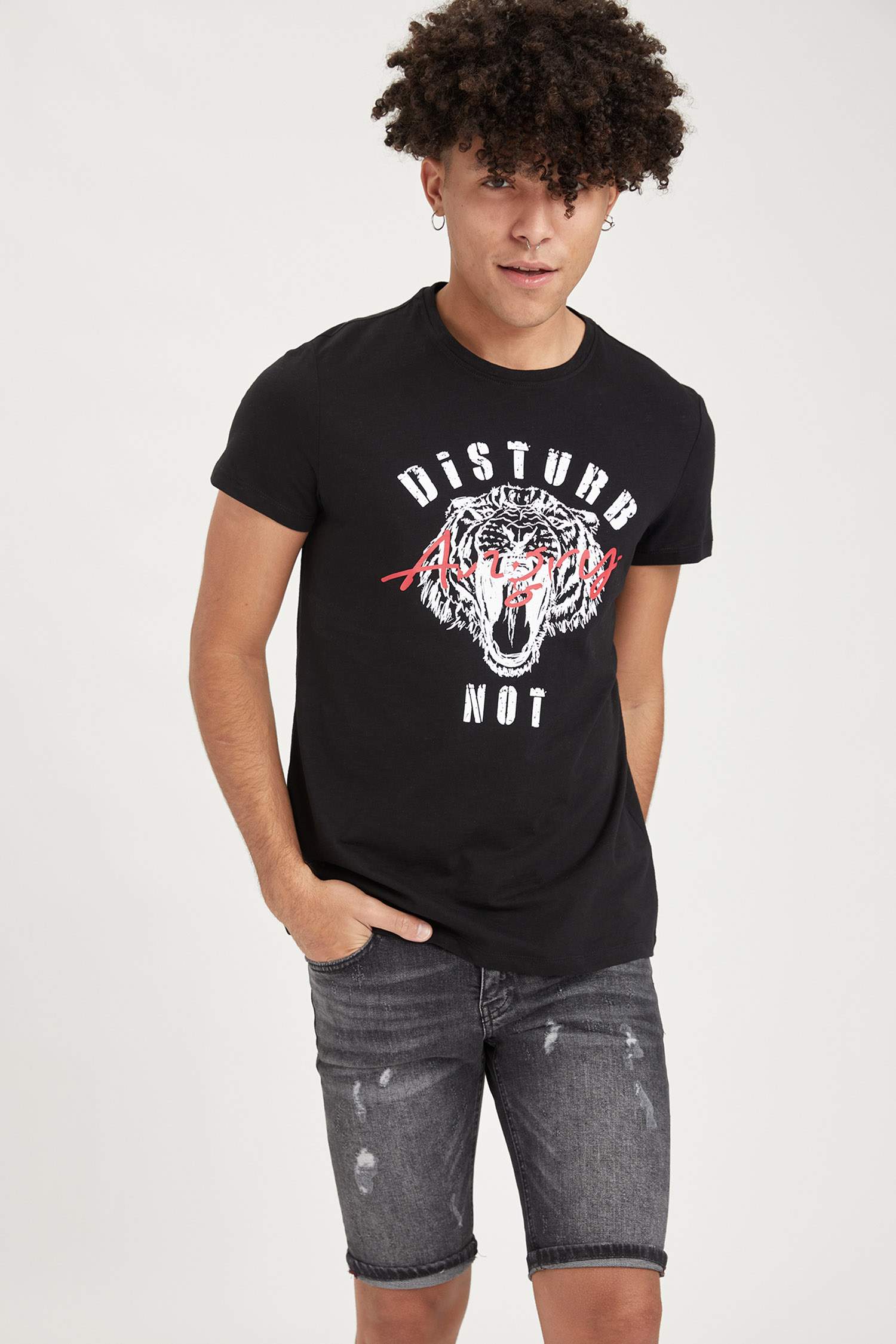 Ekstra Slim Fit Bisiklet Yaka Slogan Baskılı Kısa Kollu Tişört