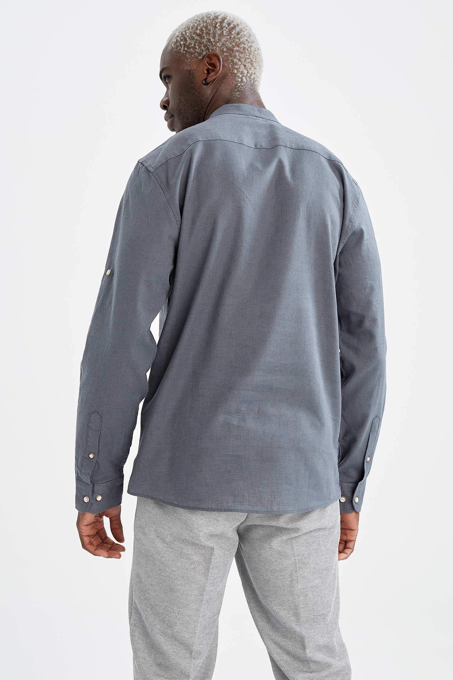 Slim Fit Hakim Yaka Uzun Kollu Keten Gömlek