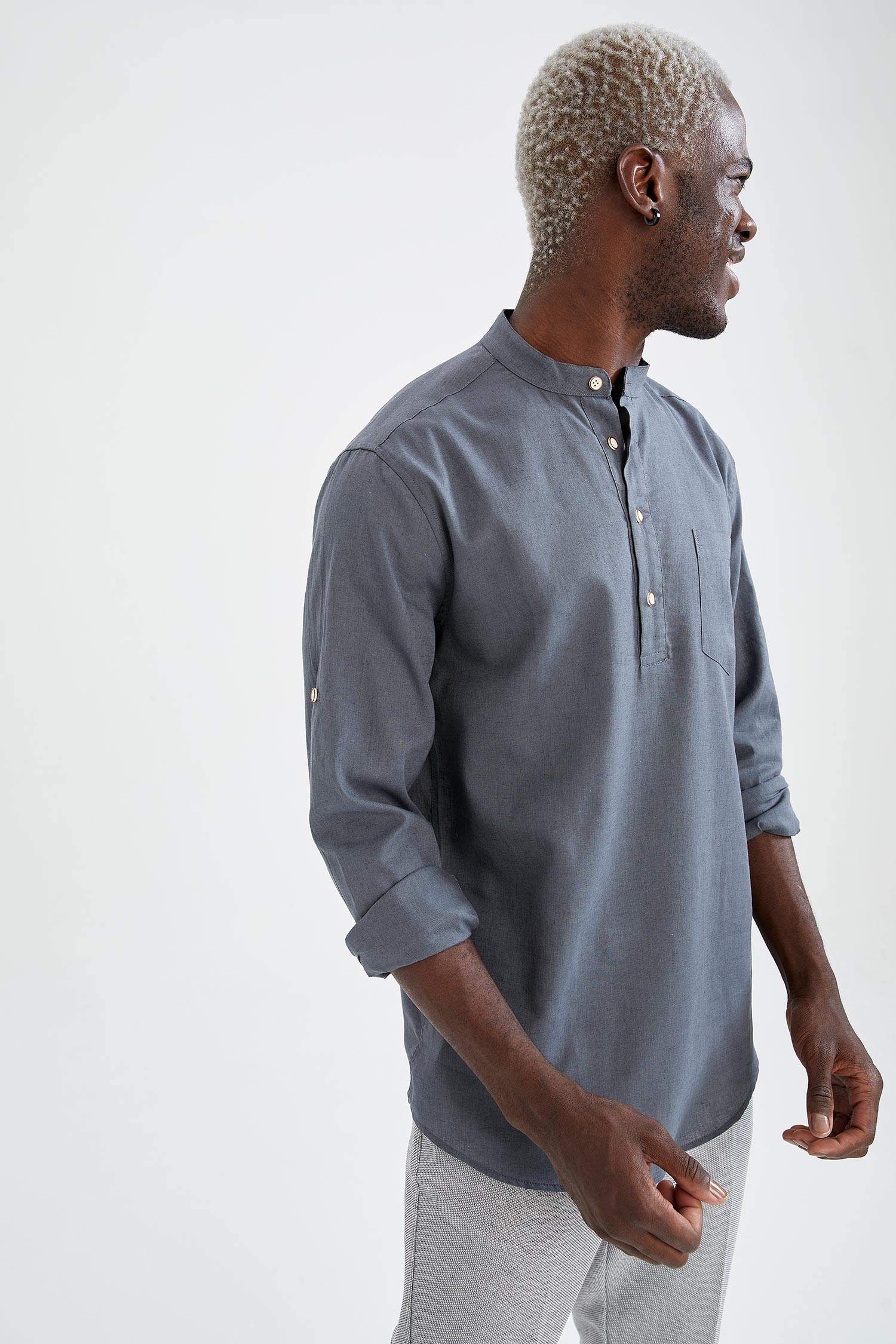 Slim Fit Hakim Yaka Uzun Kollu Keten Gömlek