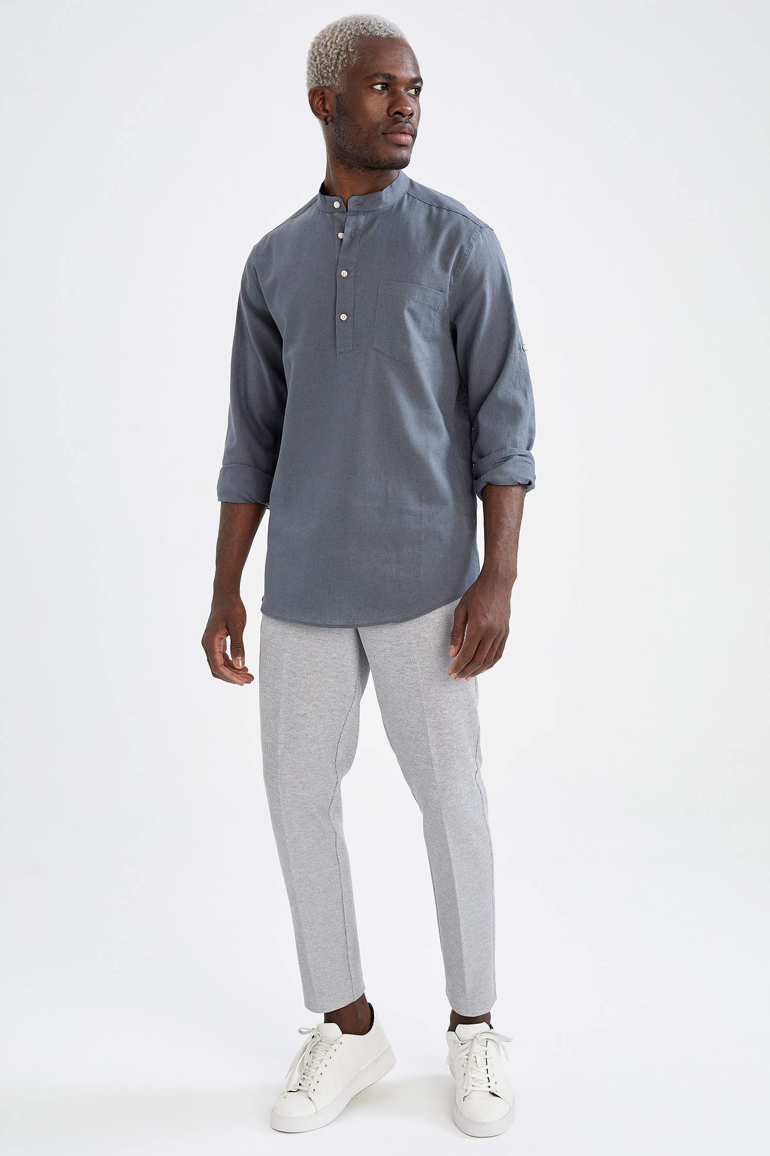 Slim Fit Hakim Yaka Uzun Kollu Keten Gömlek