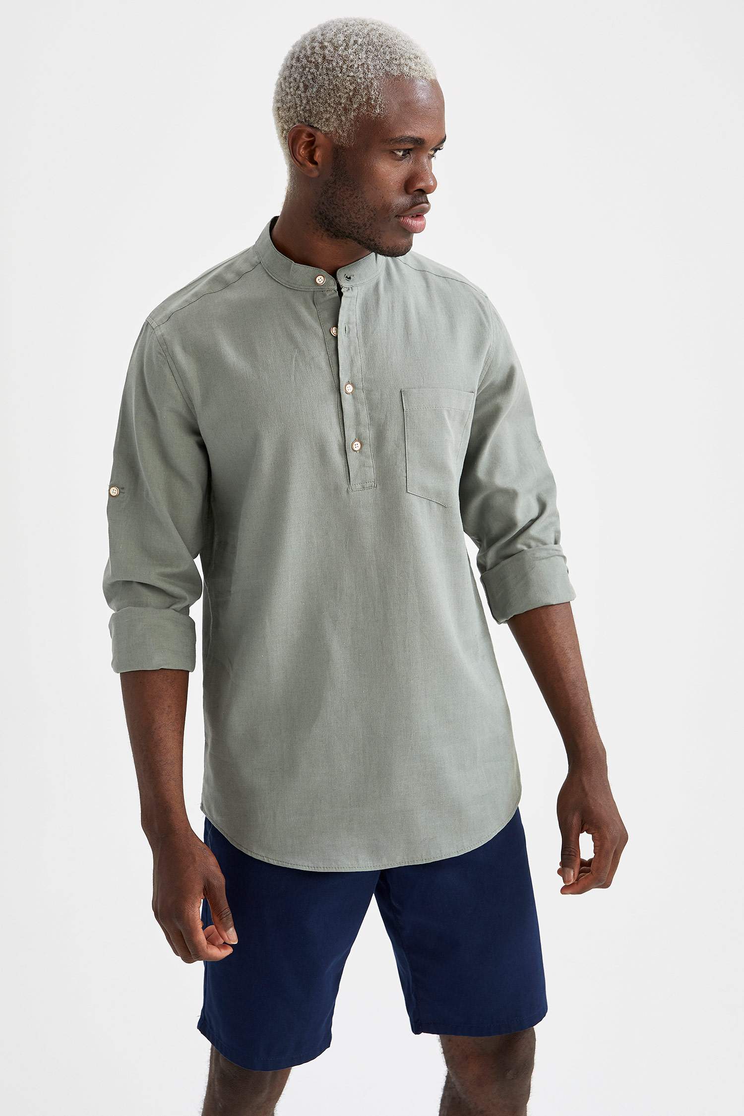 Slim Fit Hakim Yaka Uzun Kollu Keten Gömlek