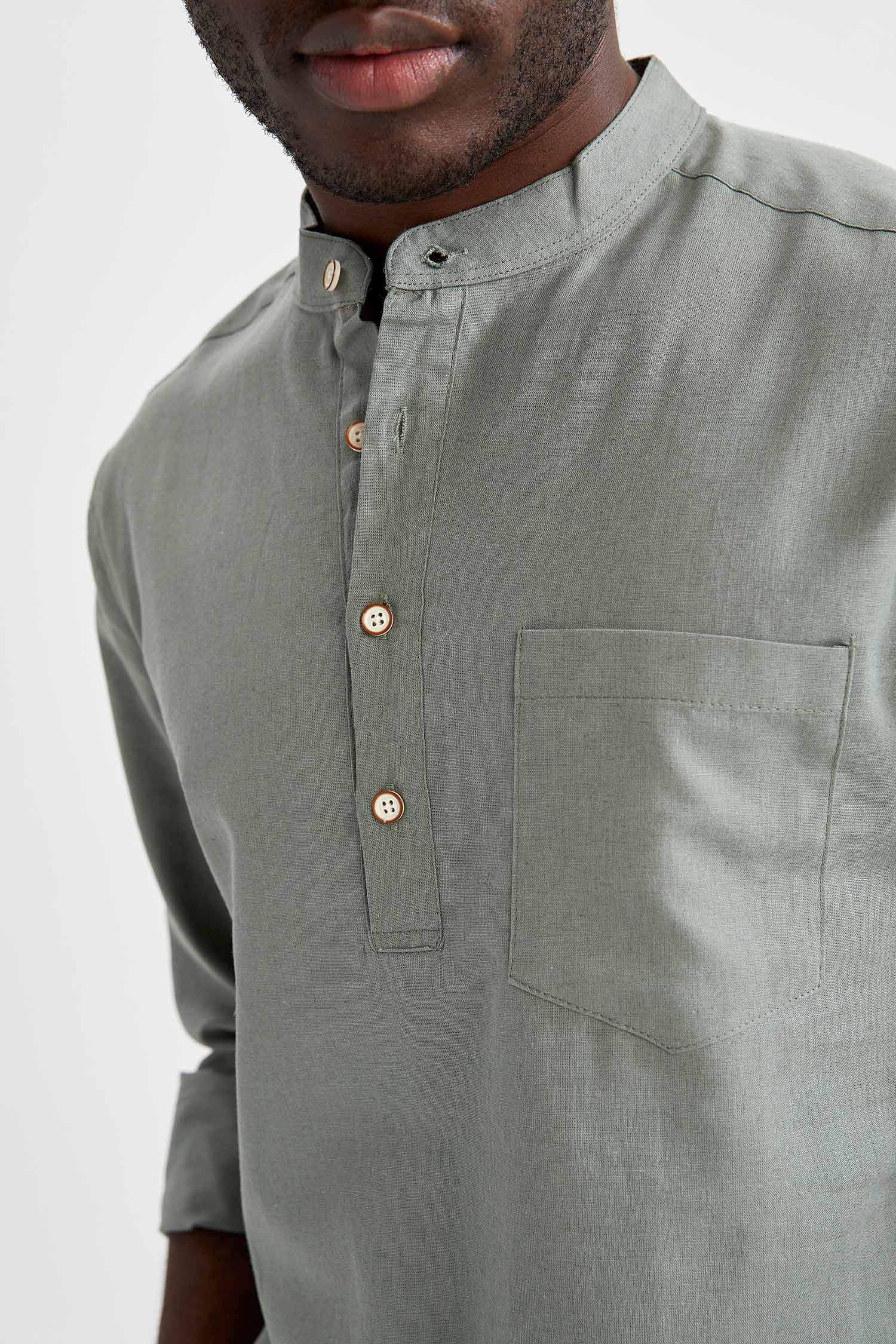 Slim Fit Hakim Yaka Uzun Kollu Keten Gömlek